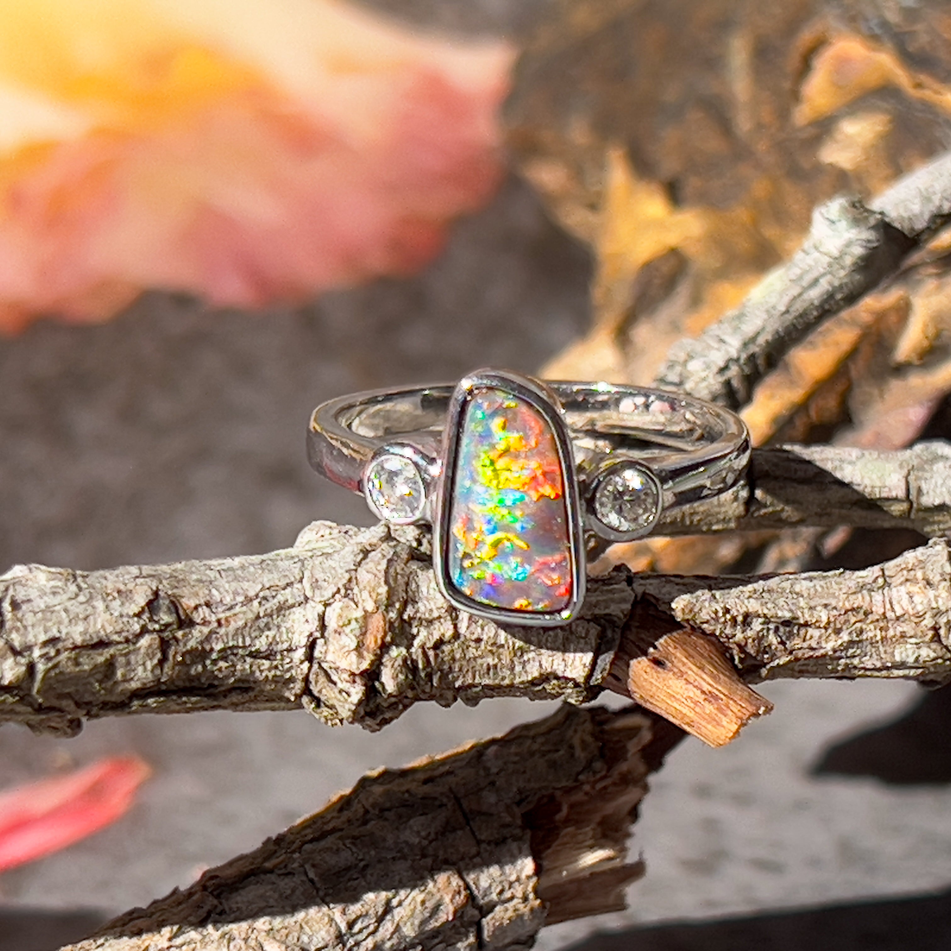 14kt White Gold Boulder Opal 1.8ct and Diamond Opal ring - Masterpiece Jewellery Opal & Gems Sydney Australia | Online Shop