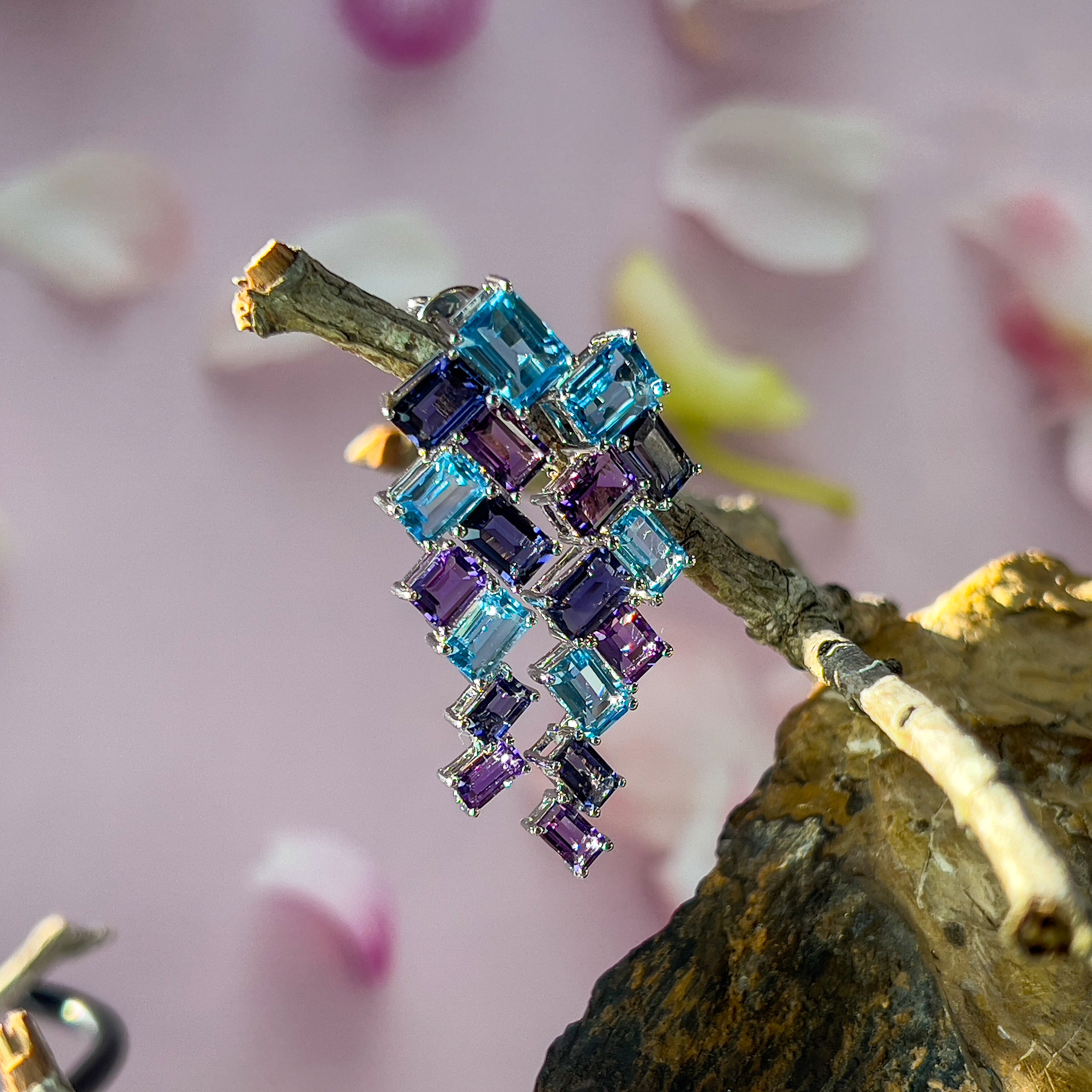 18kt White Gold dangling earrings Blue Topaz, Iolite, Amethyst - Masterpiece Jewellery Opal & Gems Sydney Australia | Online Shop