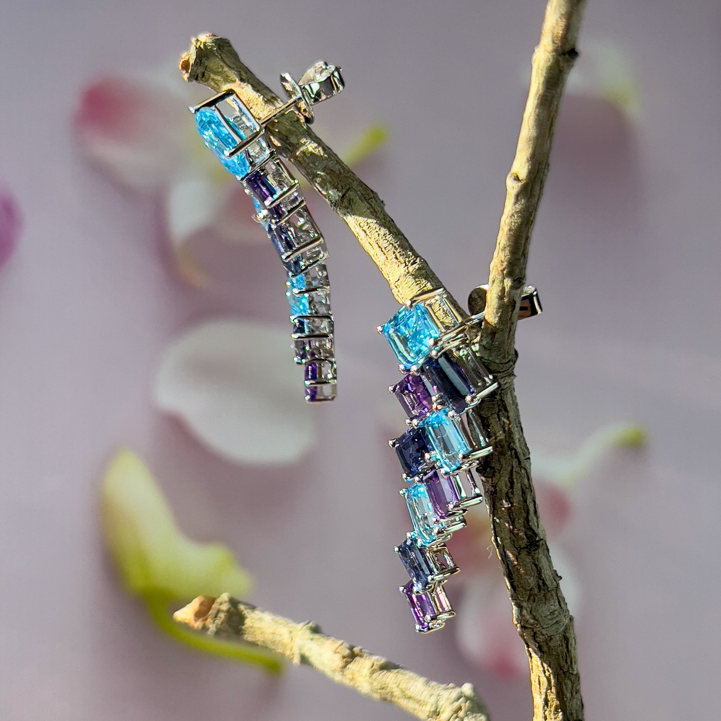18kt White Gold dangling earrings Blue Topaz, Iolite, Amethyst - Masterpiece Jewellery Opal & Gems Sydney Australia | Online Shop