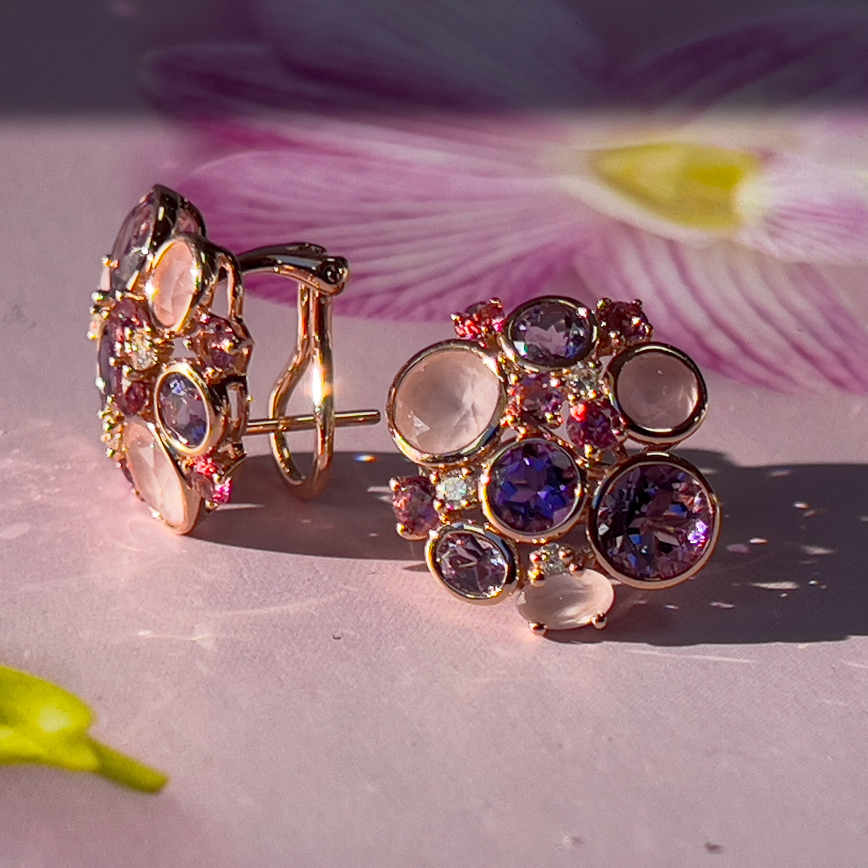 18kt Rose Gold Multi Colour gems and Diamond studs - Masterpiece Jewellery Opal & Gems Sydney Australia | Online Shop