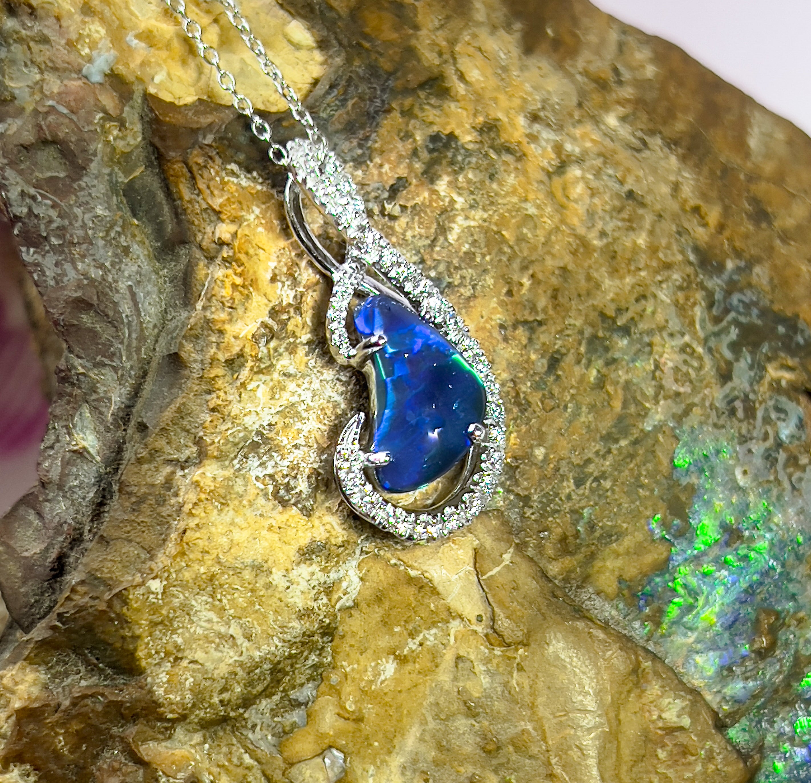 18kt White Gold Black Opal & Diamond Pendant - Exquisite Gold & Silver Opal Necklace Options, Dainty Opal Pendants - Masterpiece Jewellery Opal & Gems Sydney Australia | Online Shop