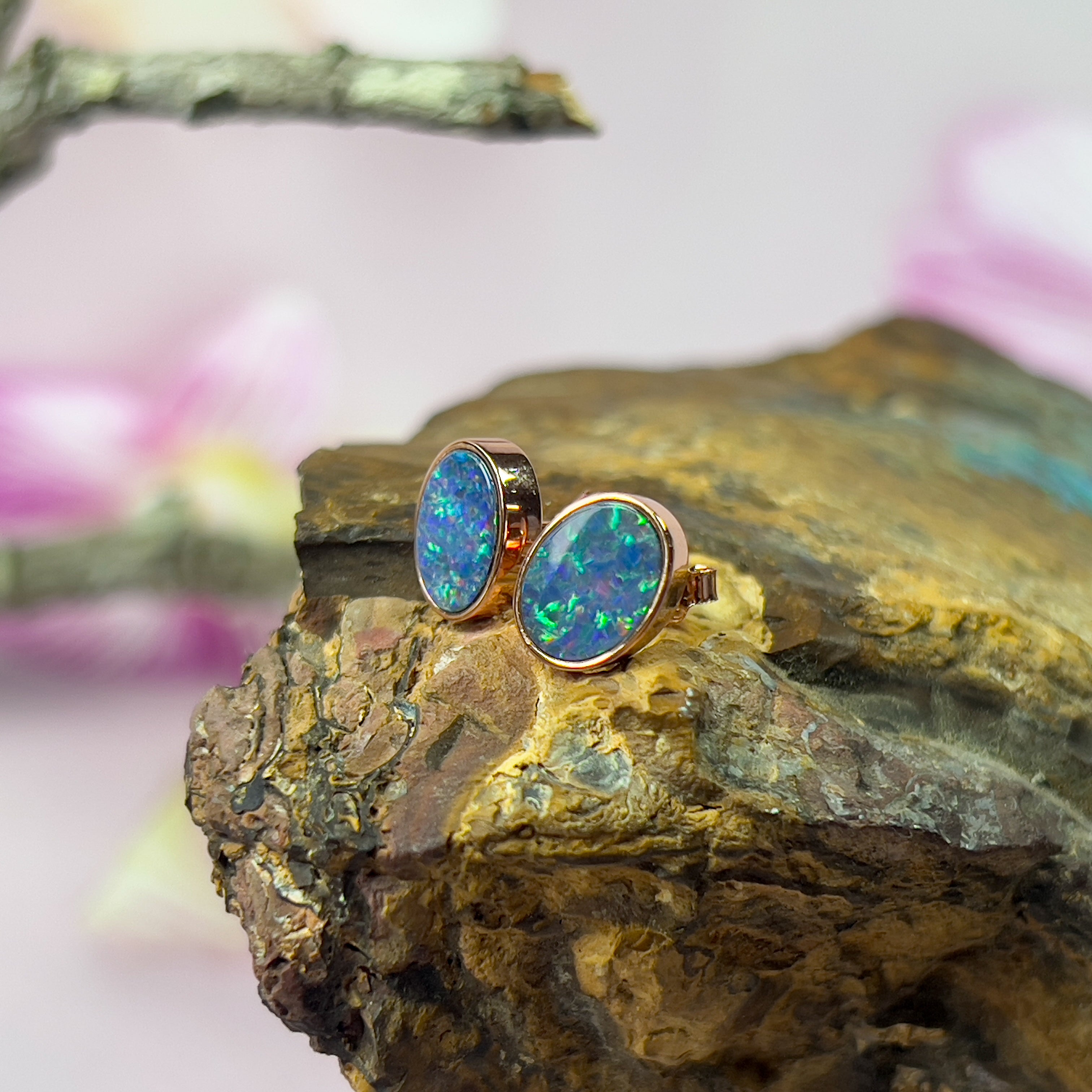 Rose Gold plated 8x6mm Opal doublet earrings - Masterpiece Jewellery Opal & Gems Sydney Australia | Online Shop