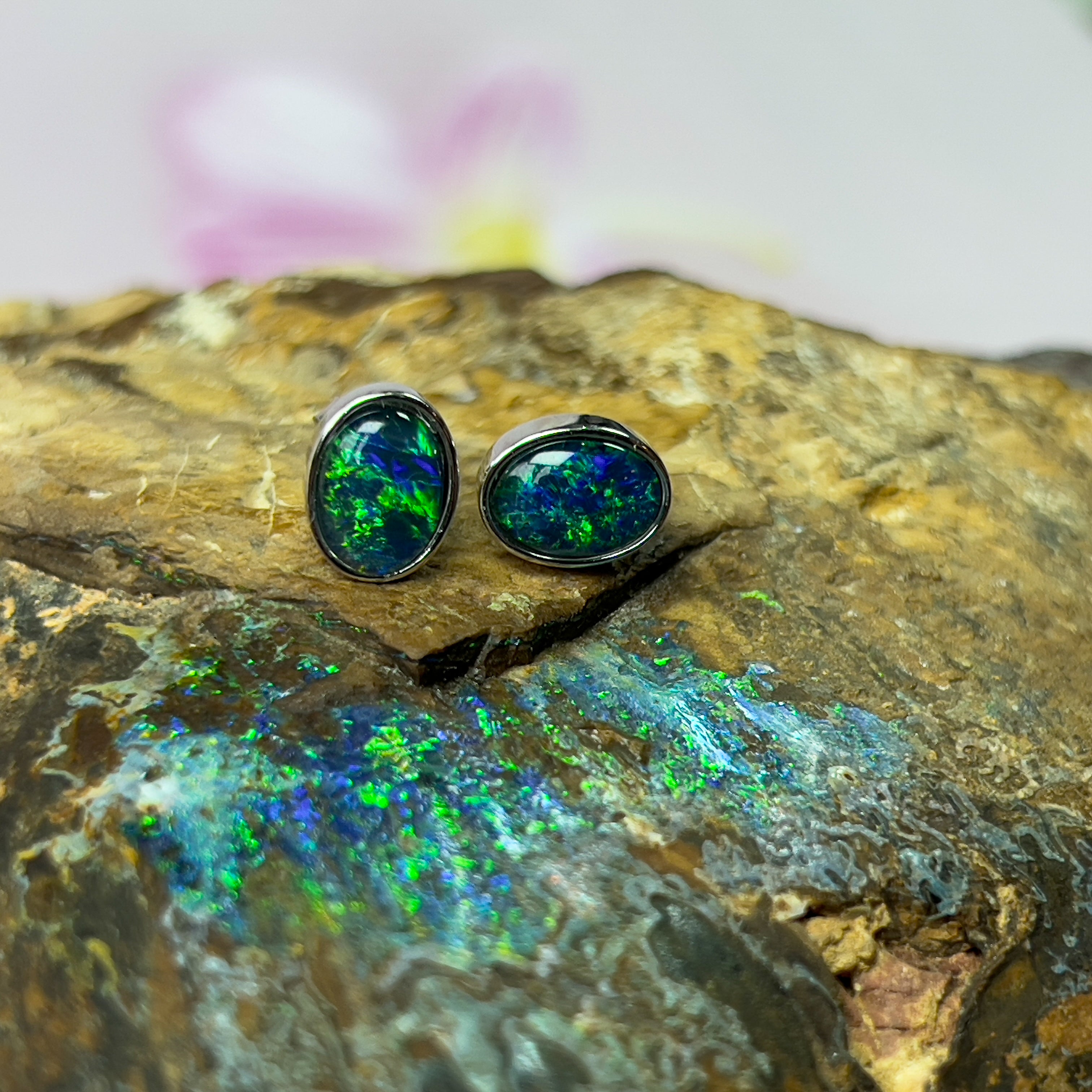 Sterling Silver Bezel Studs, 8x6mm Triplet Opal Earrings, Handmade Dainty Birthstone Jewelry, Perfect Gift for Her - Masterpiece Jewellery Opal & Gems Sydney Australia | Online Shop
