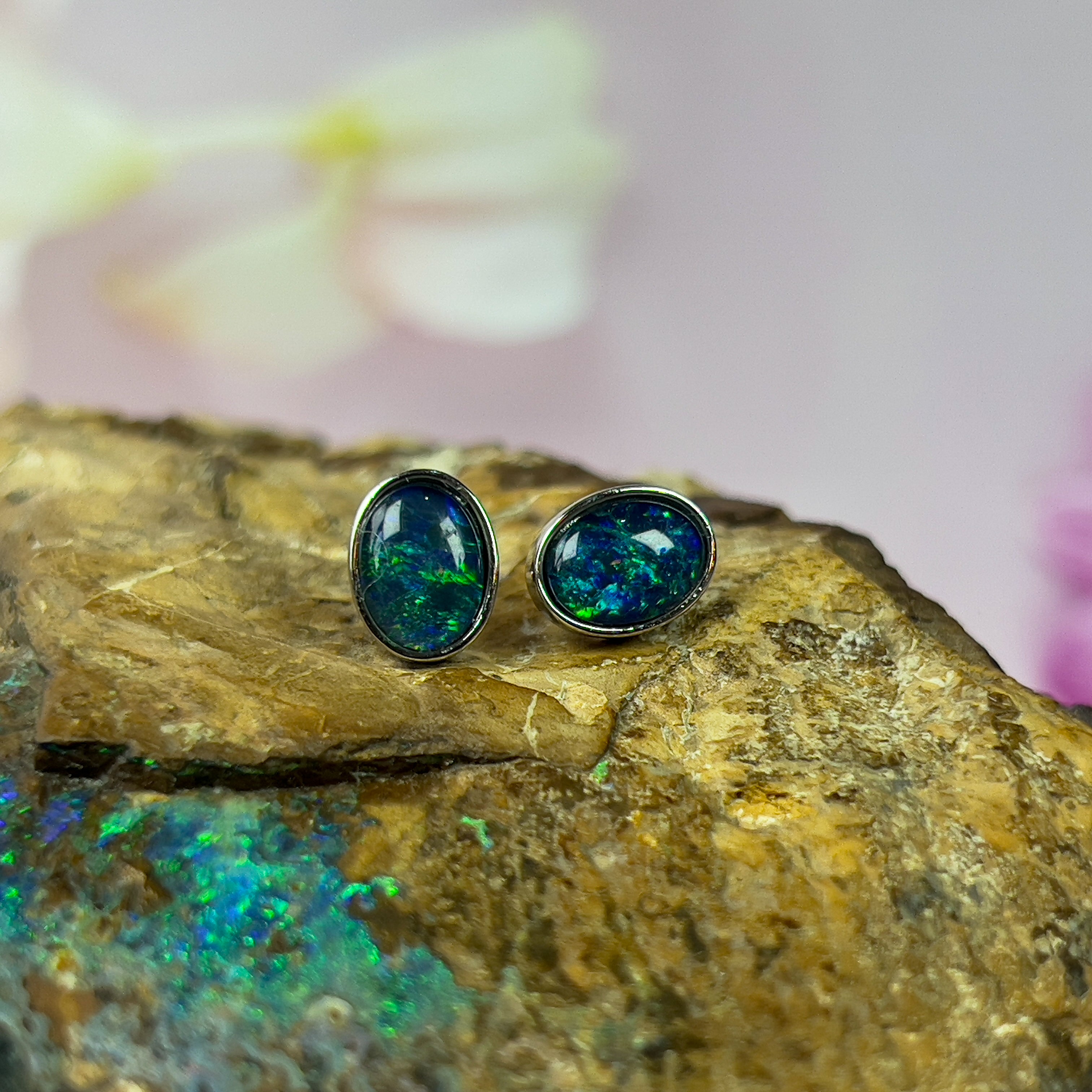 Sterling Silver Bezel Studs, 8x6mm Triplet Opal Earrings, Handmade Dainty Birthstone Jewelry, Perfect Gift for Her - Masterpiece Jewellery Opal & Gems Sydney Australia | Online Shop
