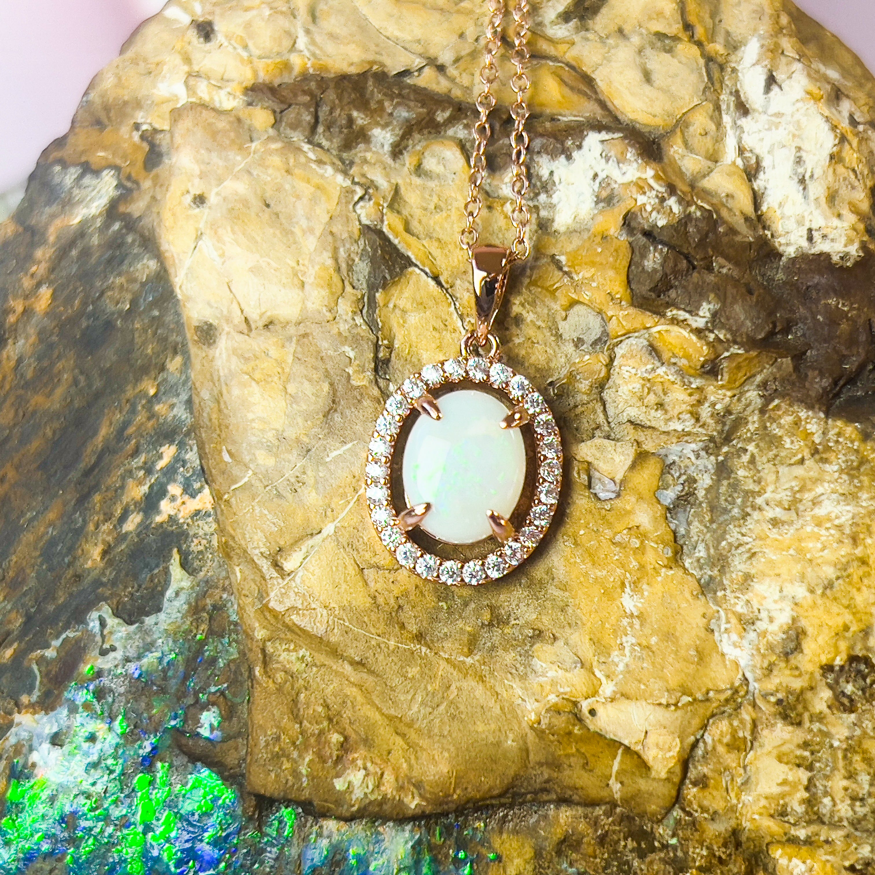 Rose Gold Plated Sterling Silver White Opal Halo Pendant Dainty Gold Silver Raw Fire Opal Necklace
