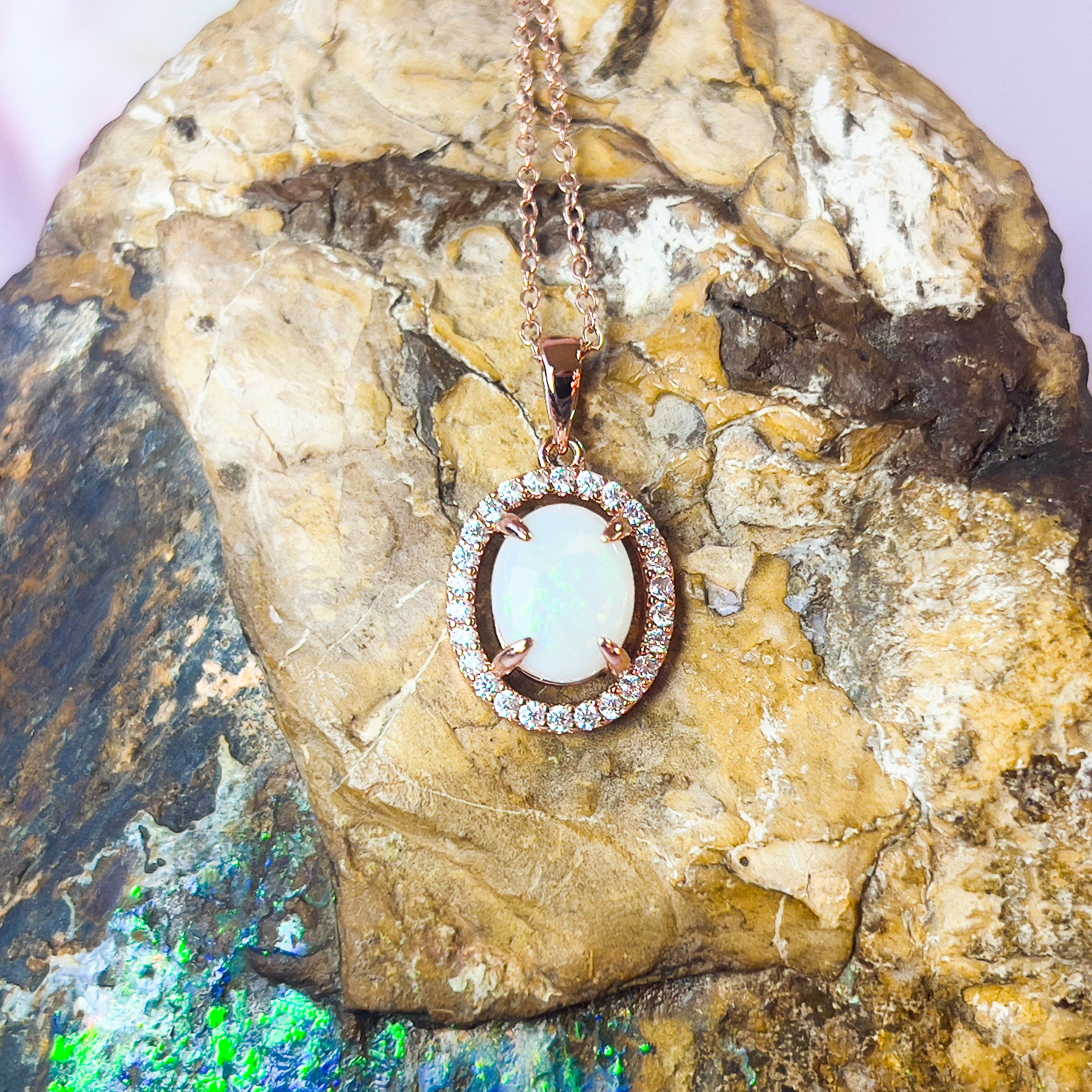 Rose Gold Plated Sterling Silver White Opal Halo Pendant - Dainty, Gold & Silver, Raw & Fire Opal Necklace" - Masterpiece Jewellery Opal & Gems Sydney Australia | Online Shop
