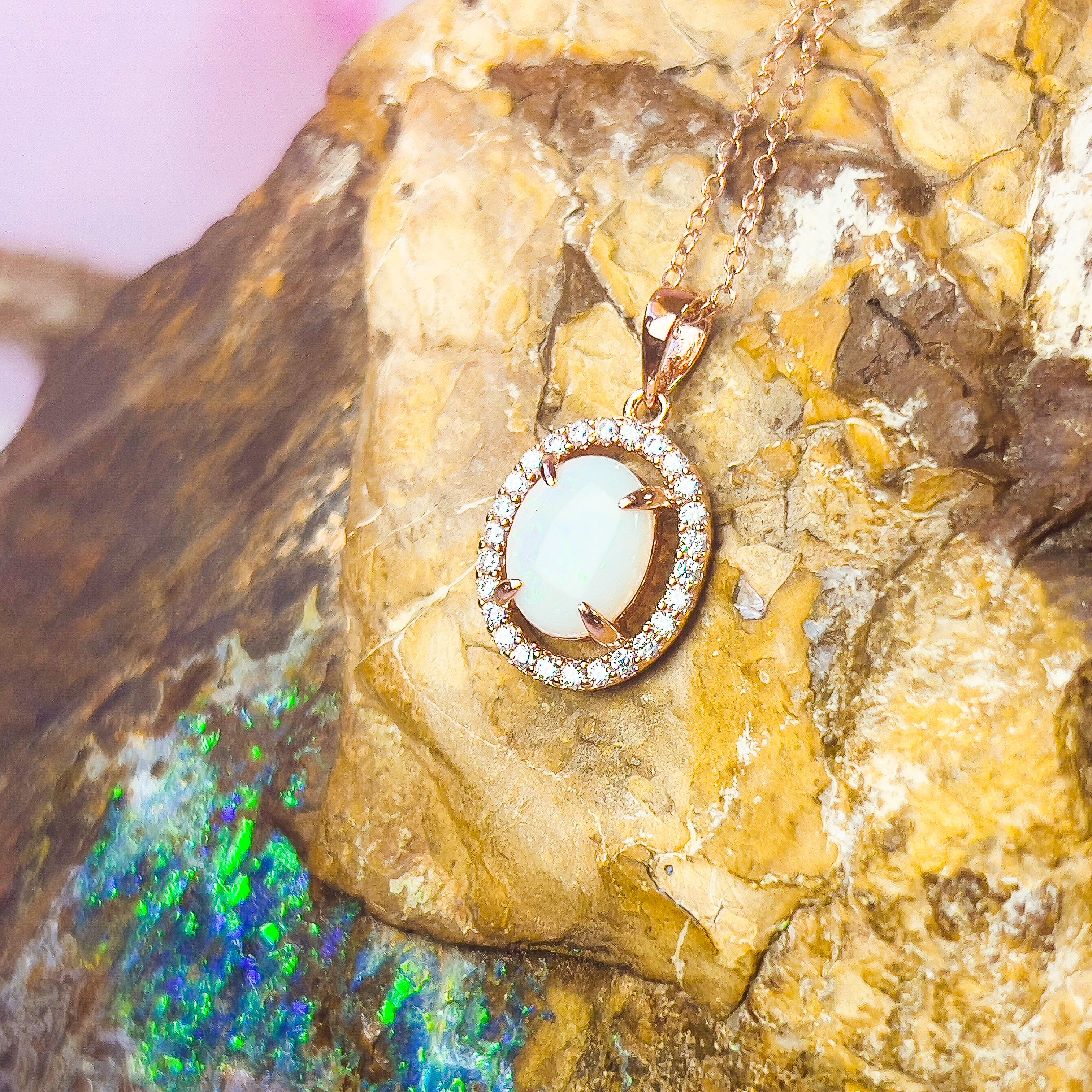 Rose Gold Plated Sterling Silver White Opal Halo Pendant - Dainty, Gold & Silver, Raw & Fire Opal Necklace" - Masterpiece Jewellery Opal & Gems Sydney Australia | Online Shop