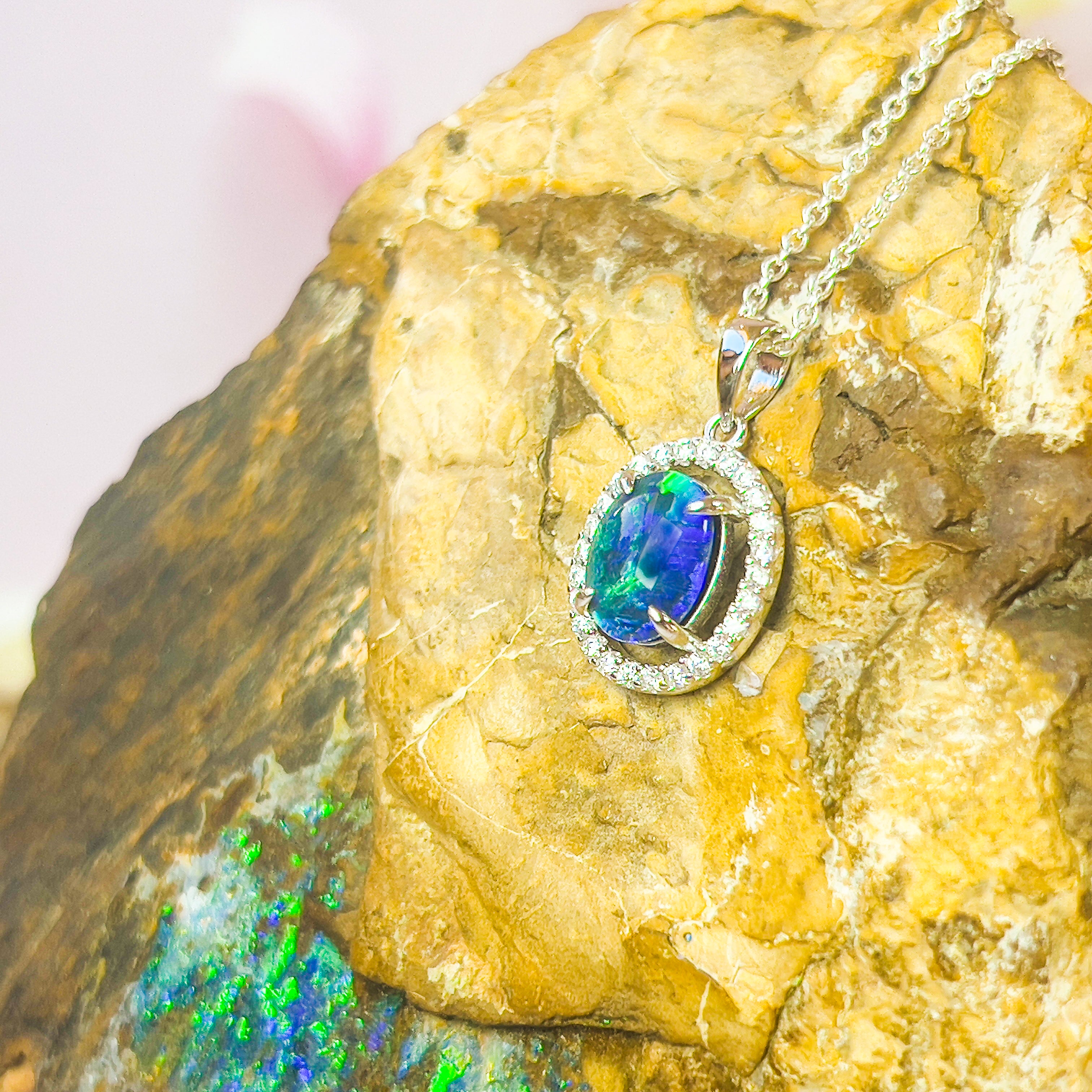 Sterling Silver Opal Triplet Halo Pendant - Dainty Opal Necklace, Gold & Silver, Fire Opal, Raw Style 9x7mm - Masterpiece Jewellery Opal & Gems Sydney Australia | Online Shop