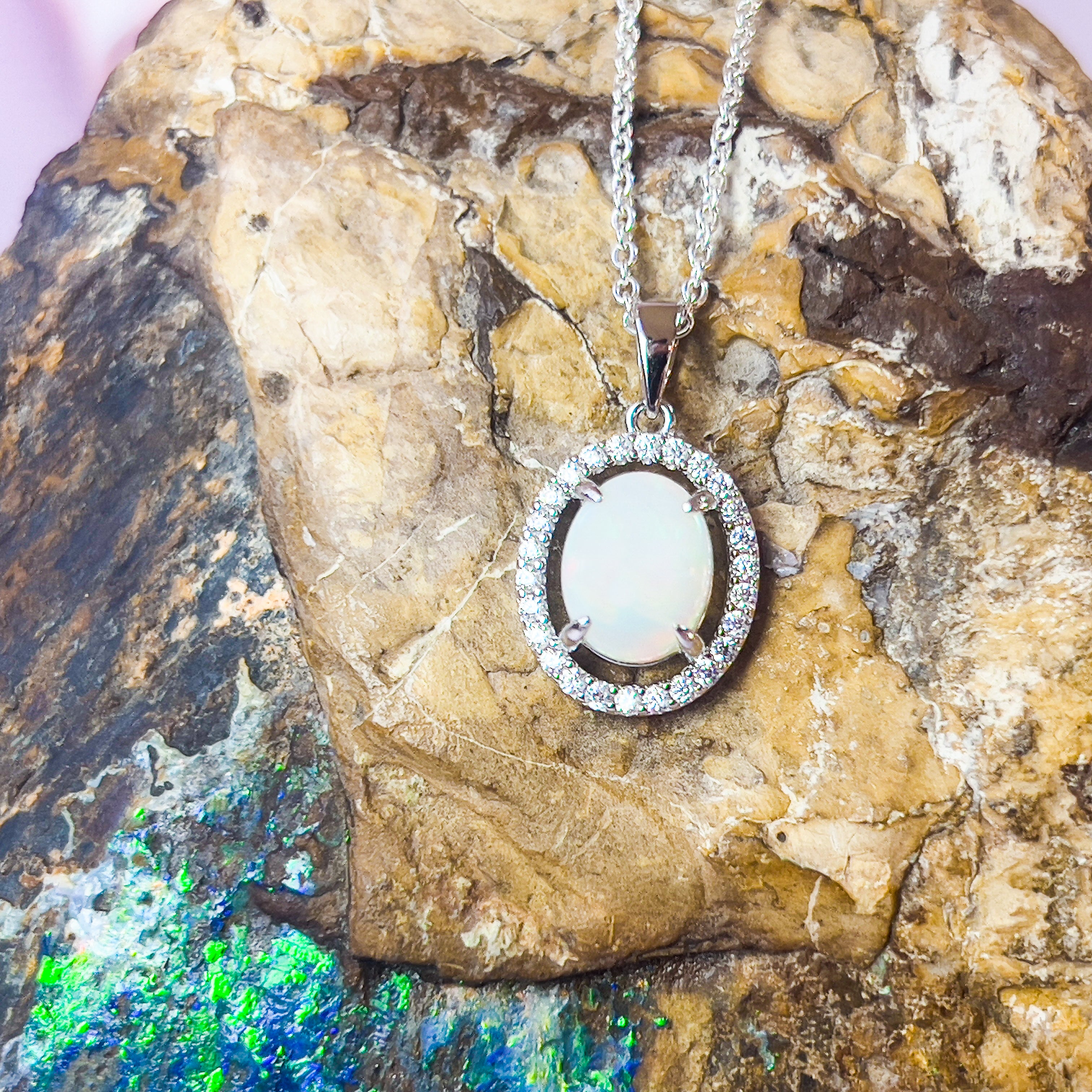 Sterling Silver White Opal Halo Pendant - Dainty & Raw, Silver & Gold Opal Necklace Options, Fire Opal Pendant 9x7mm - Masterpiece Jewellery Opal & Gems Sydney Australia | Online Shop