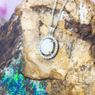 Sterling Silver White Opal Halo Pendant - Dainty & Raw, Silver & Gold Opal Necklace Options, Fire Opal Pendant 9x7mm - Masterpiece Jewellery Opal & Gems Sydney Australia | Online Shop