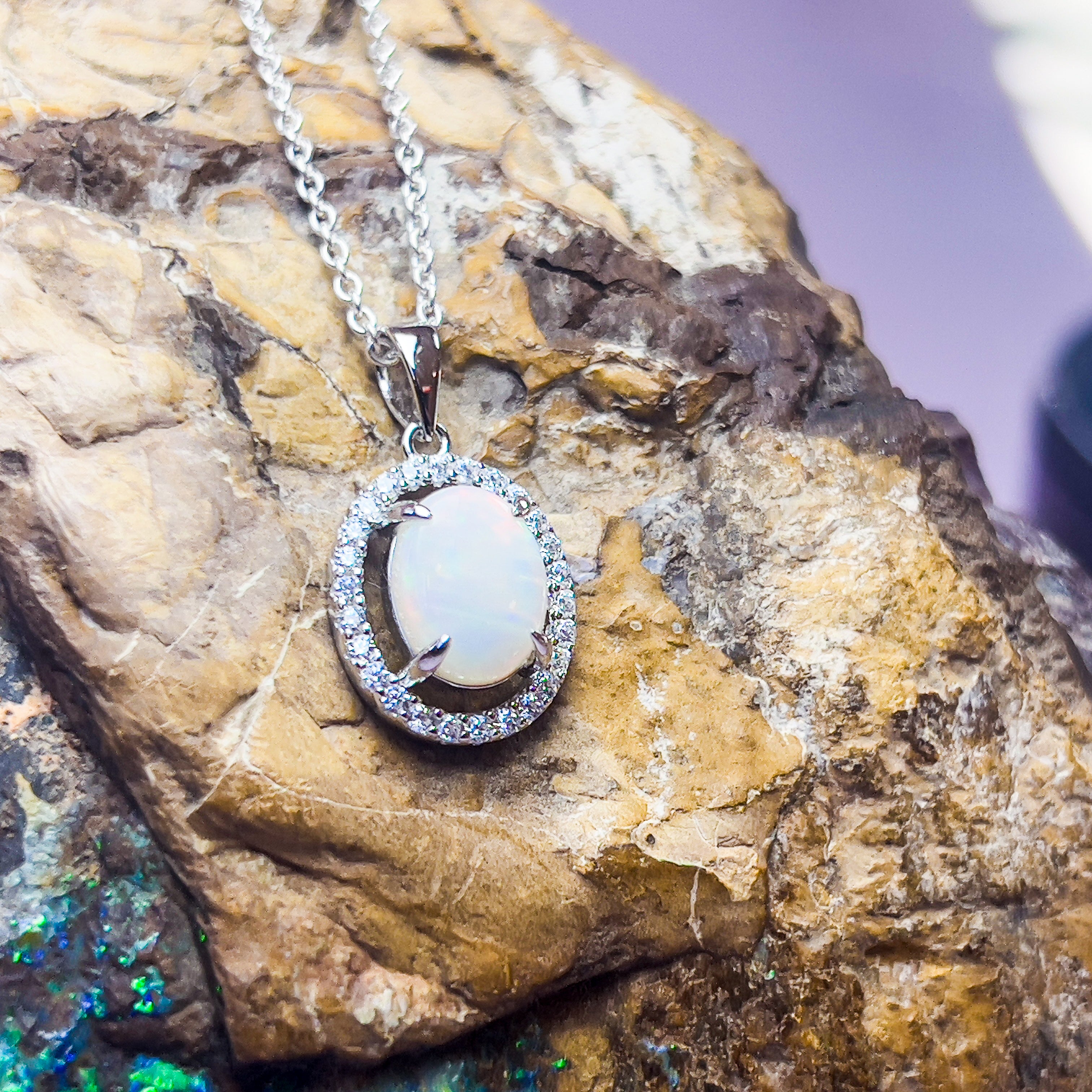 Sterling Silver White Opal Halo Pendant - Dainty & Raw, Silver & Gold Opal Necklace Options, Fire Opal Pendant 9x7mm - Masterpiece Jewellery Opal & Gems Sydney Australia | Online Shop