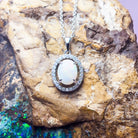 Sterling Silver White Opal Halo Pendant - Dainty & Raw, Silver & Gold Opal Necklace Options, Fire Opal Pendant 9x7mm - Masterpiece Jewellery Opal & Gems Sydney Australia | Online Shop