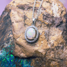 Sterling Silver White Opal Halo Pendant - Dainty & Raw, Silver & Gold Opal Necklace Options, Fire Opal Pendant 9x7mm - Masterpiece Jewellery Opal & Gems Sydney Australia | Online Shop