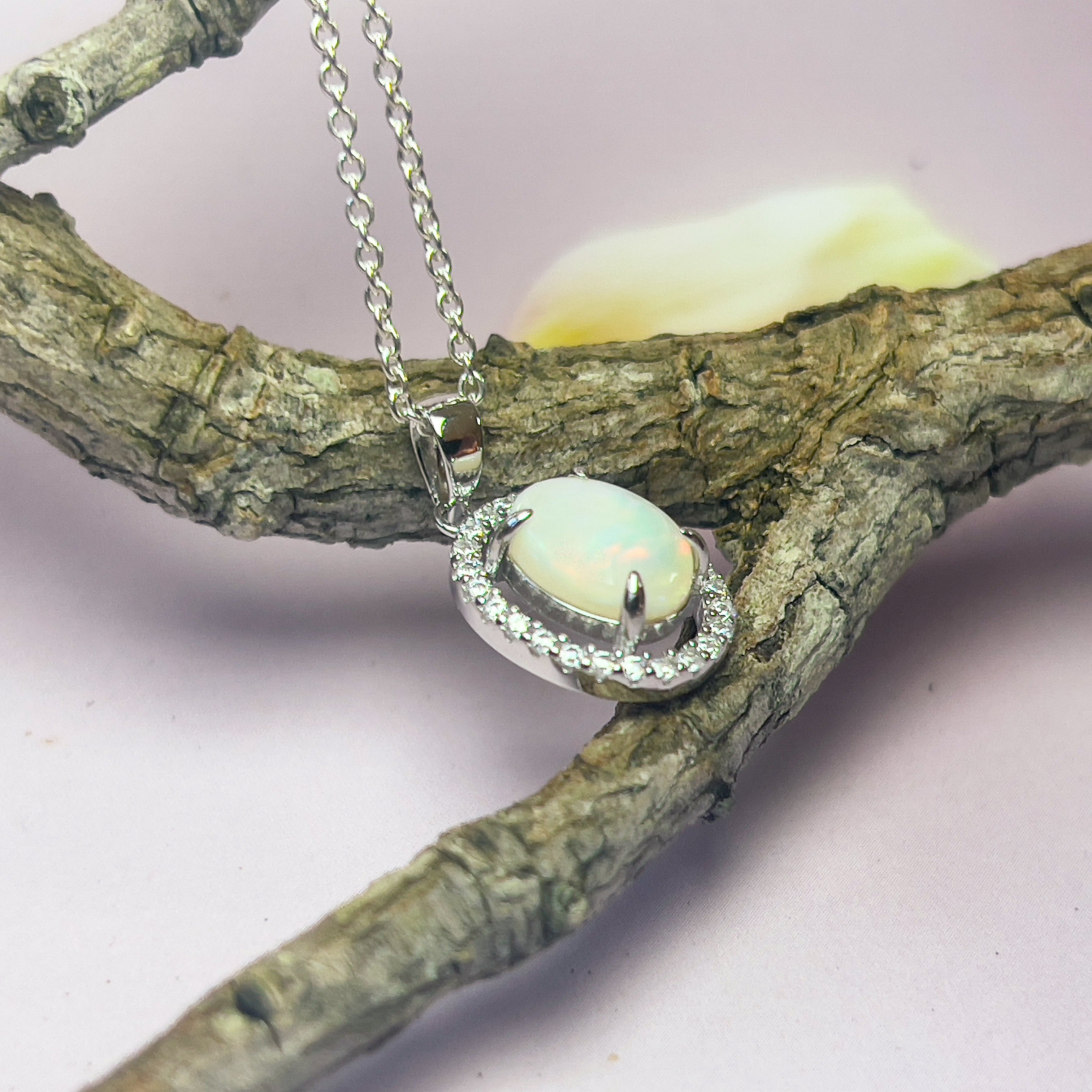 Sterling Silver White Opal Halo Pendant - Dainty & Raw, Silver & Gold Opal Necklace Options, Fire Opal Pendant 9x7mm - Masterpiece Jewellery Opal & Gems Sydney Australia | Online Shop