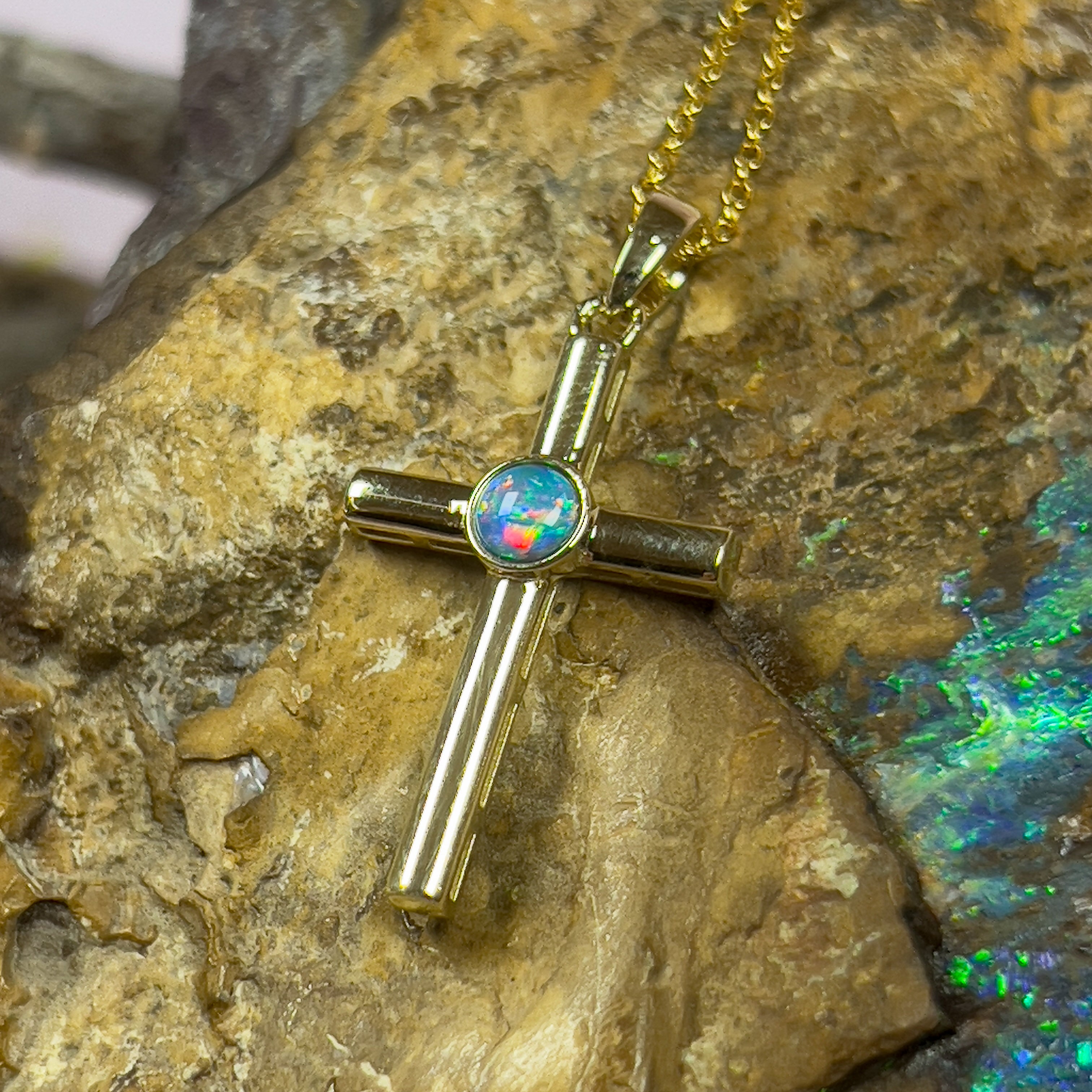 14kt Yellow Gold Opal 4mm Cross pendant - Masterpiece Jewellery Opal & Gems Sydney Australia | Online Shop