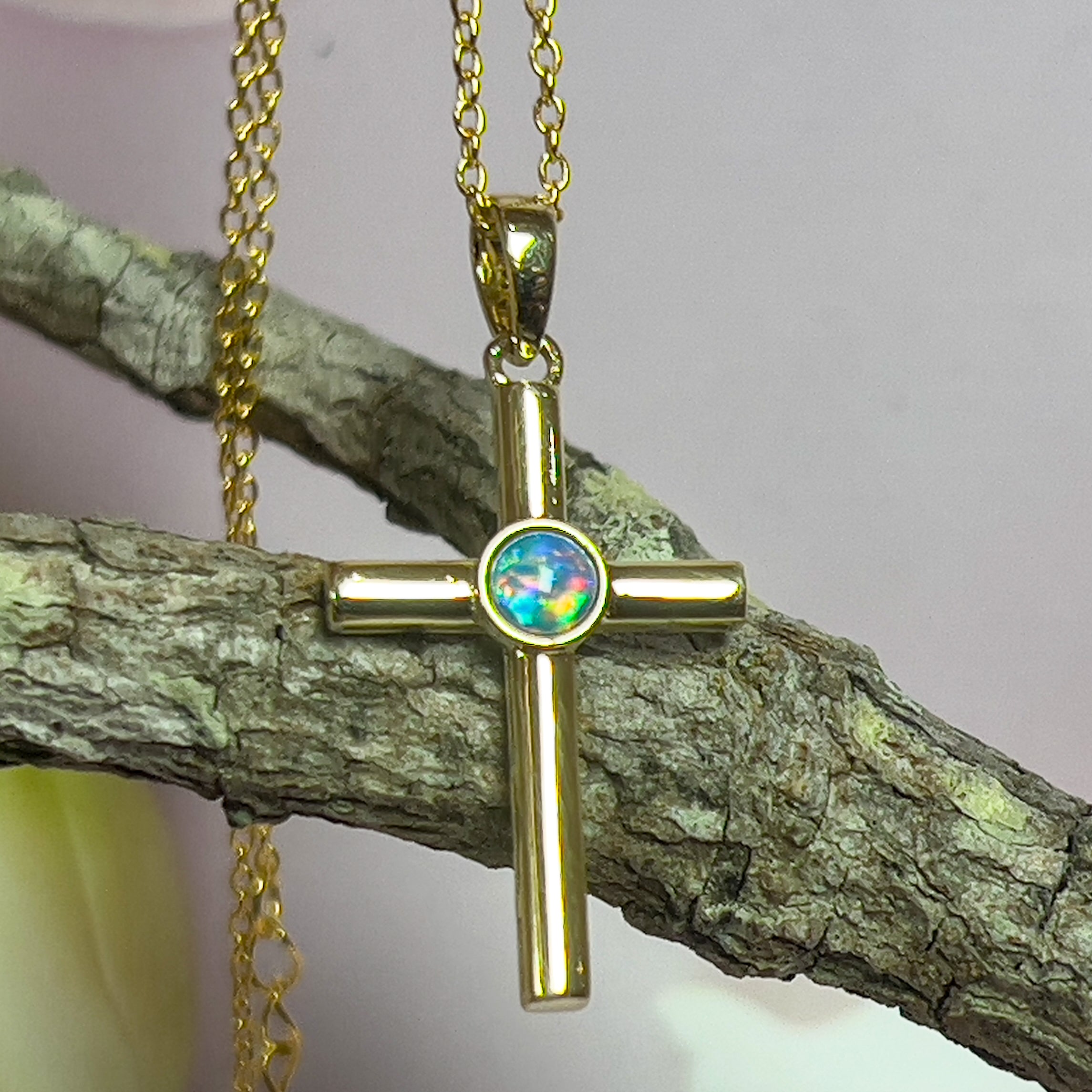 14kt Yellow Gold Opal 4mm Cross pendant - Masterpiece Jewellery Opal & Gems Sydney Australia | Online Shop