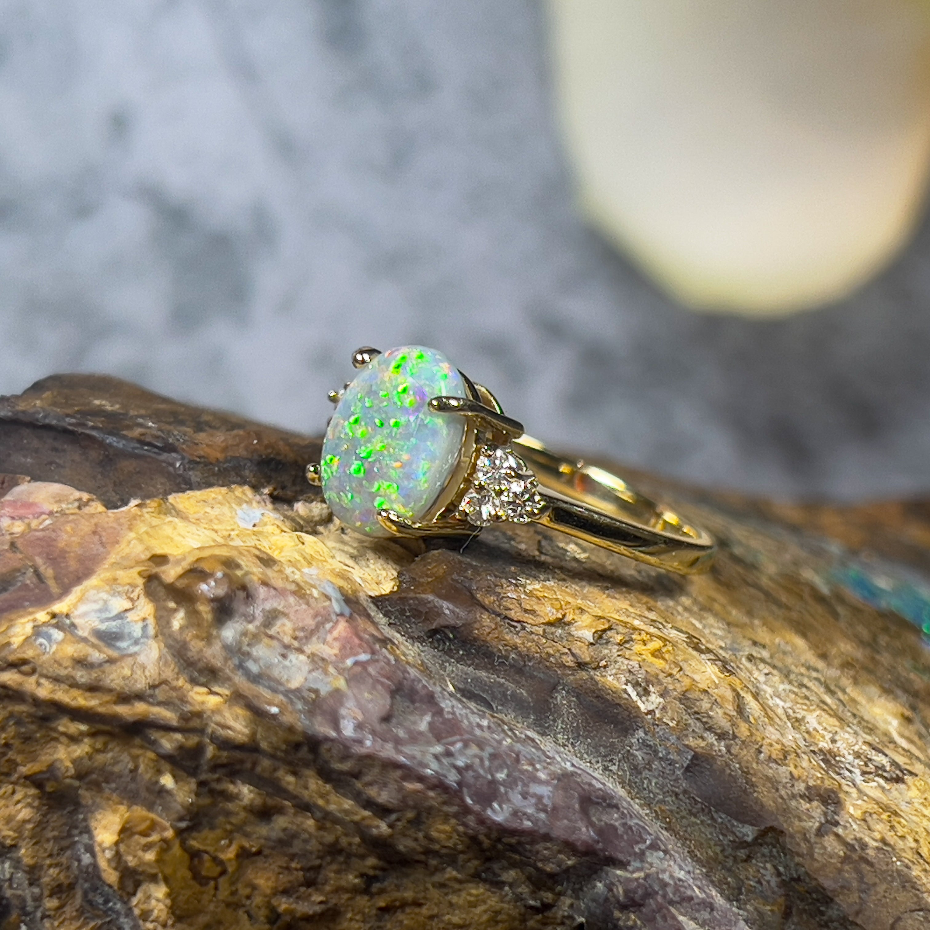 18kt Yellow Gold Semi Black Opal 2.31ct with Round Brilliant cut diamonds ring - Masterpiece Jewellery Opal & Gems Sydney Australia | Online Shop