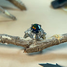 Platinum ring cluster design set with 1.56ct Black Opal and 0.91ct Diamonds - Masterpiece Jewellery Opal & Gems Sydney Australia | Online Shop