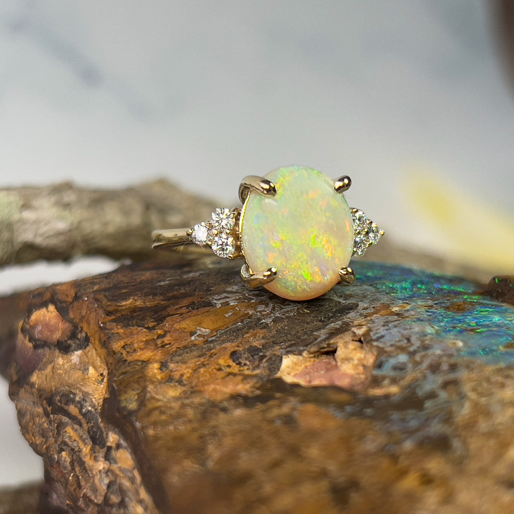 9kt Yellow Gold 3.44ct Opal and diamond ring - Masterpiece Jewellery Opal & Gems Sydney Australia | Online Shop