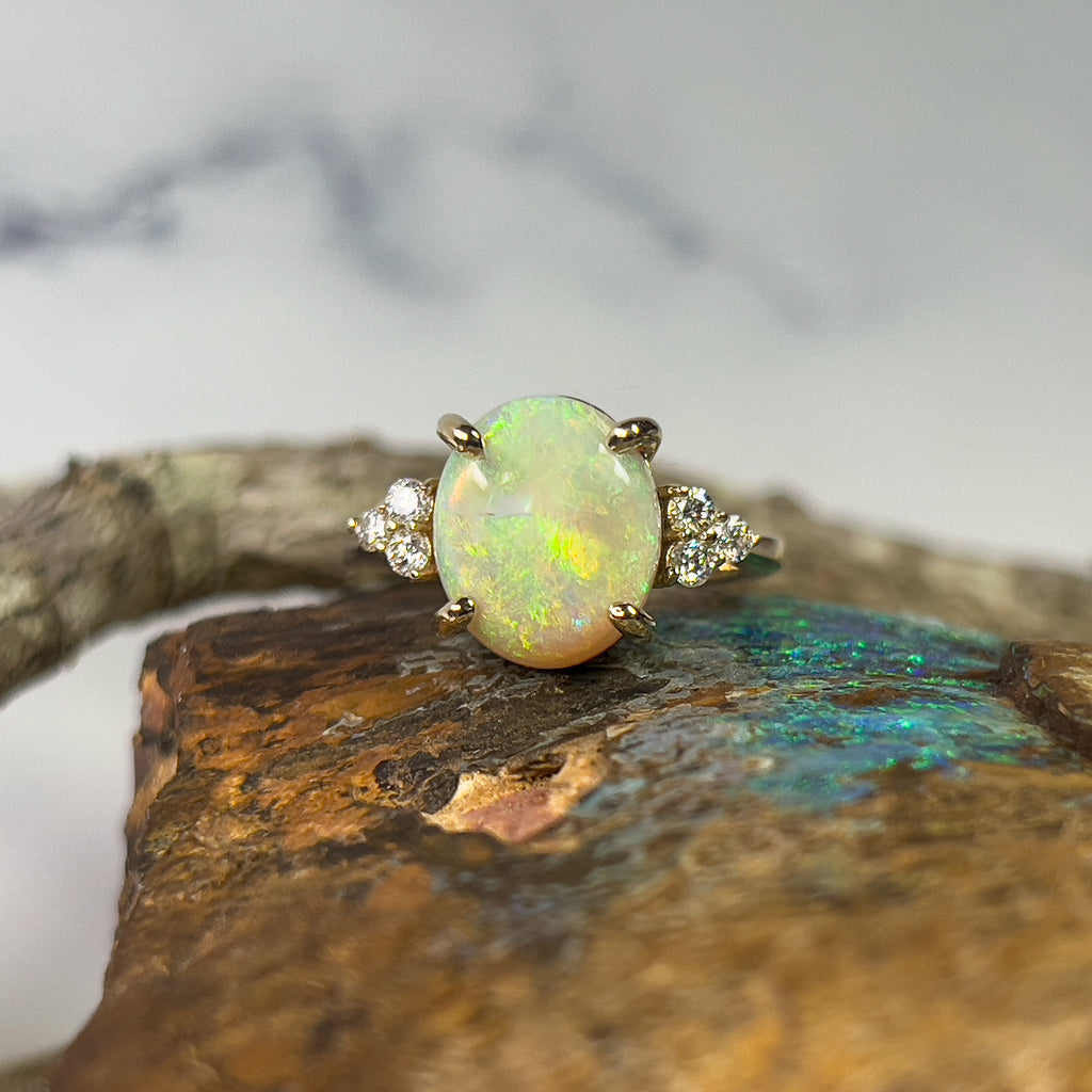 9kt Yellow Gold 3.44ct Opal and diamond ring - Masterpiece Jewellery Opal & Gems Sydney Australia | Online Shop