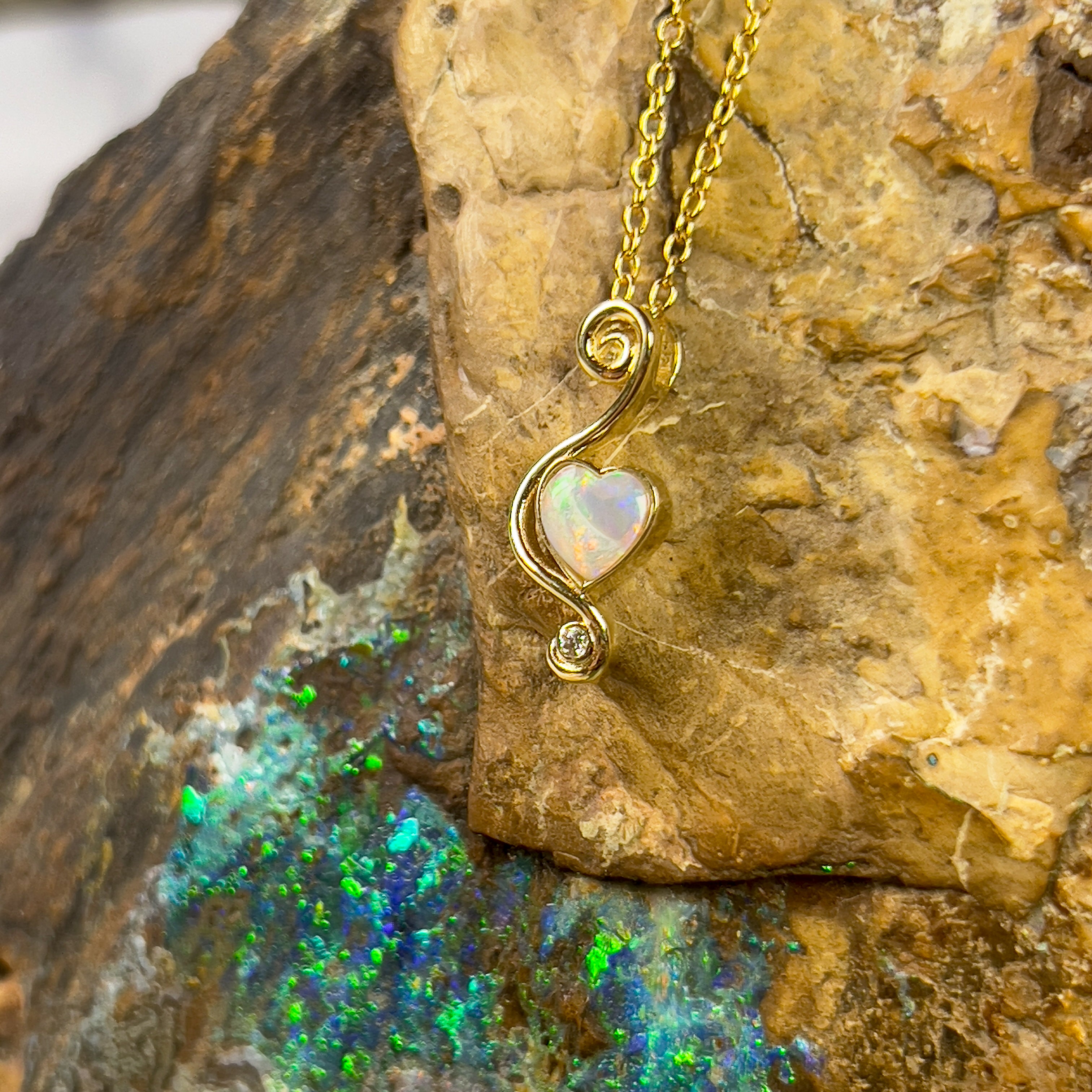 18kt Yellow gold pendant with 5mm Heart Opal and diamond - Masterpiece Jewellery Opal & Gems Sydney Australia | Online Shop