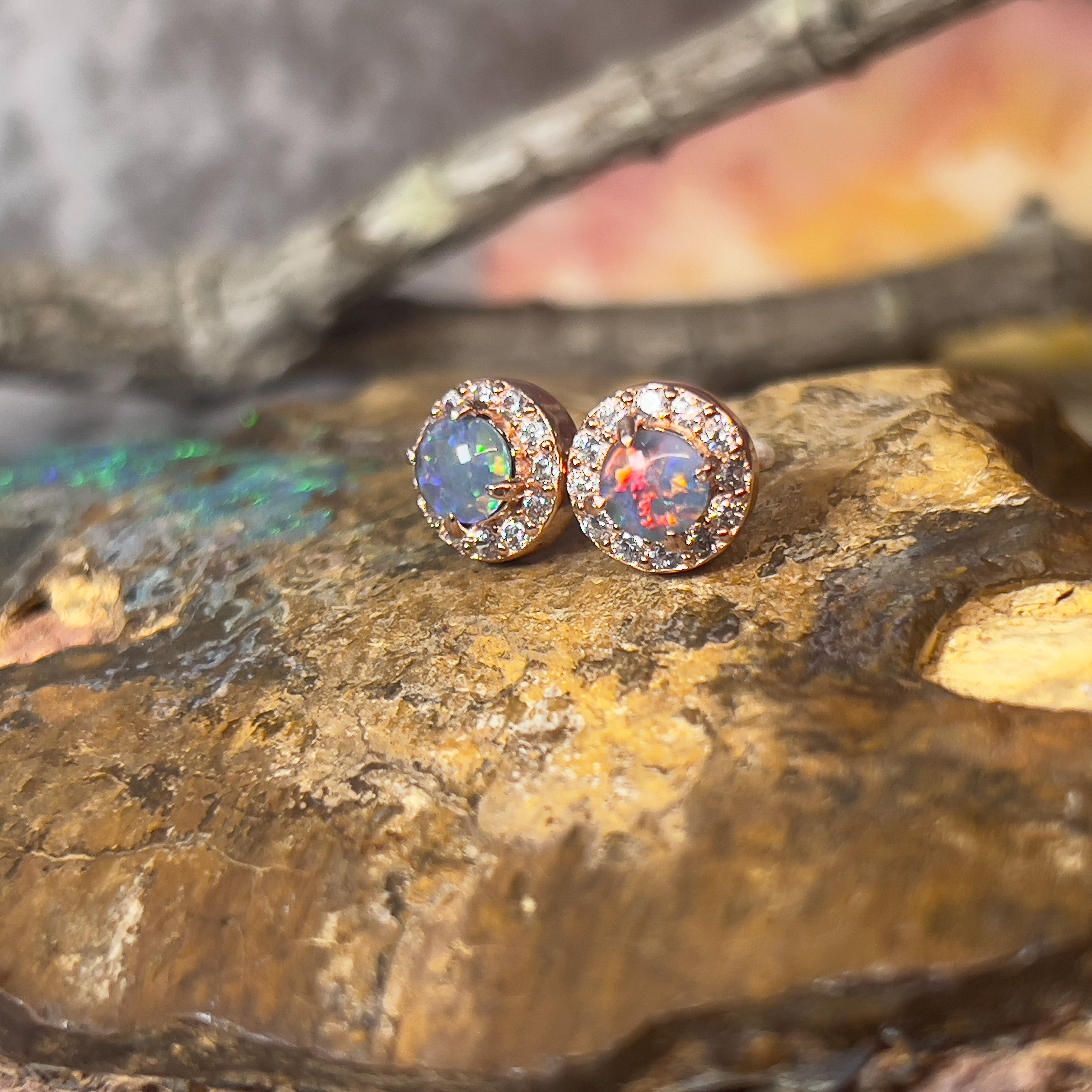 Rose Gold plate 5mm Opal triplet halo earring studs - Masterpiece Jewellery Opal & Gems Sydney Australia | Online Shop