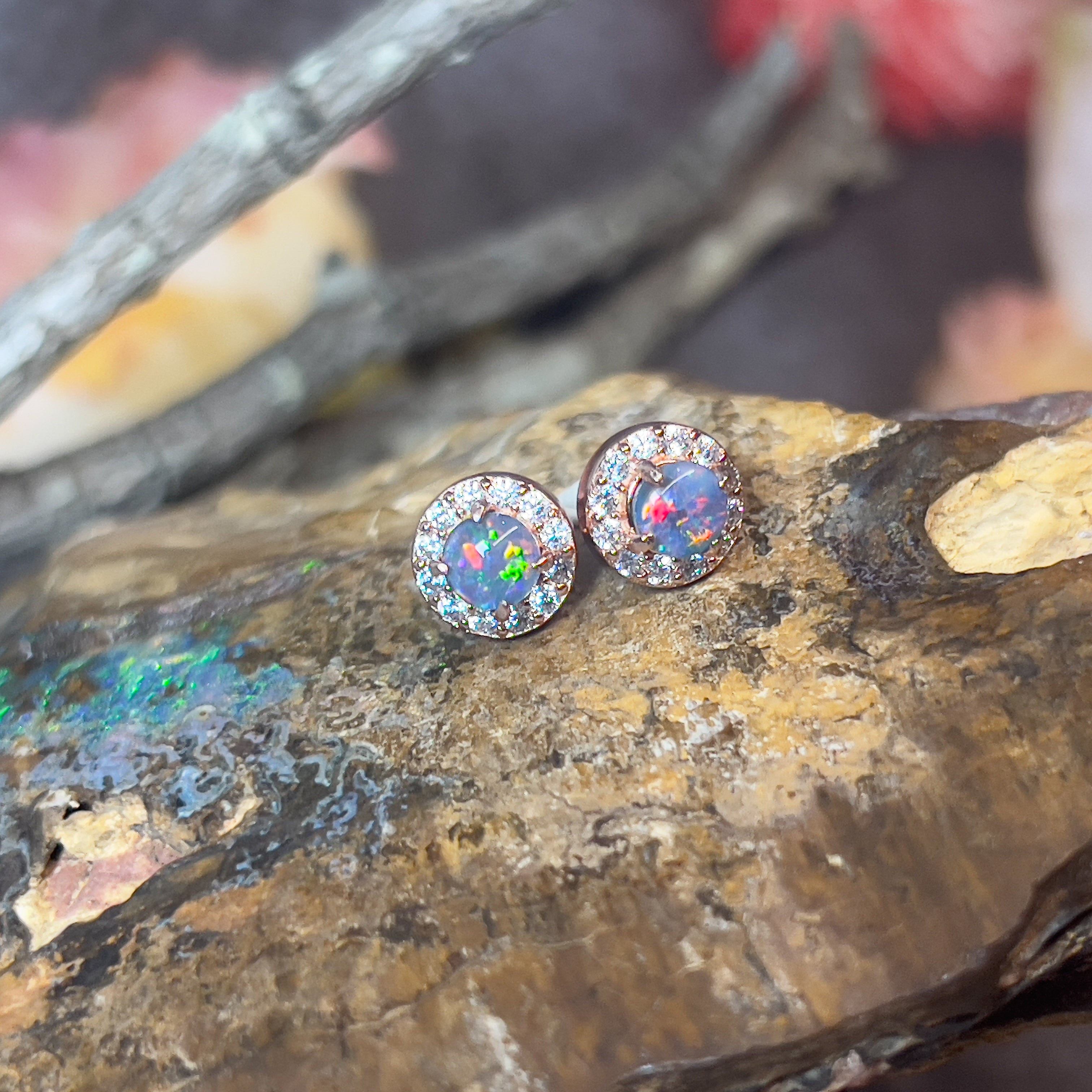 Rose Gold plate 5mm Opal triplet halo earring studs - Masterpiece Jewellery Opal & Gems Sydney Australia | Online Shop