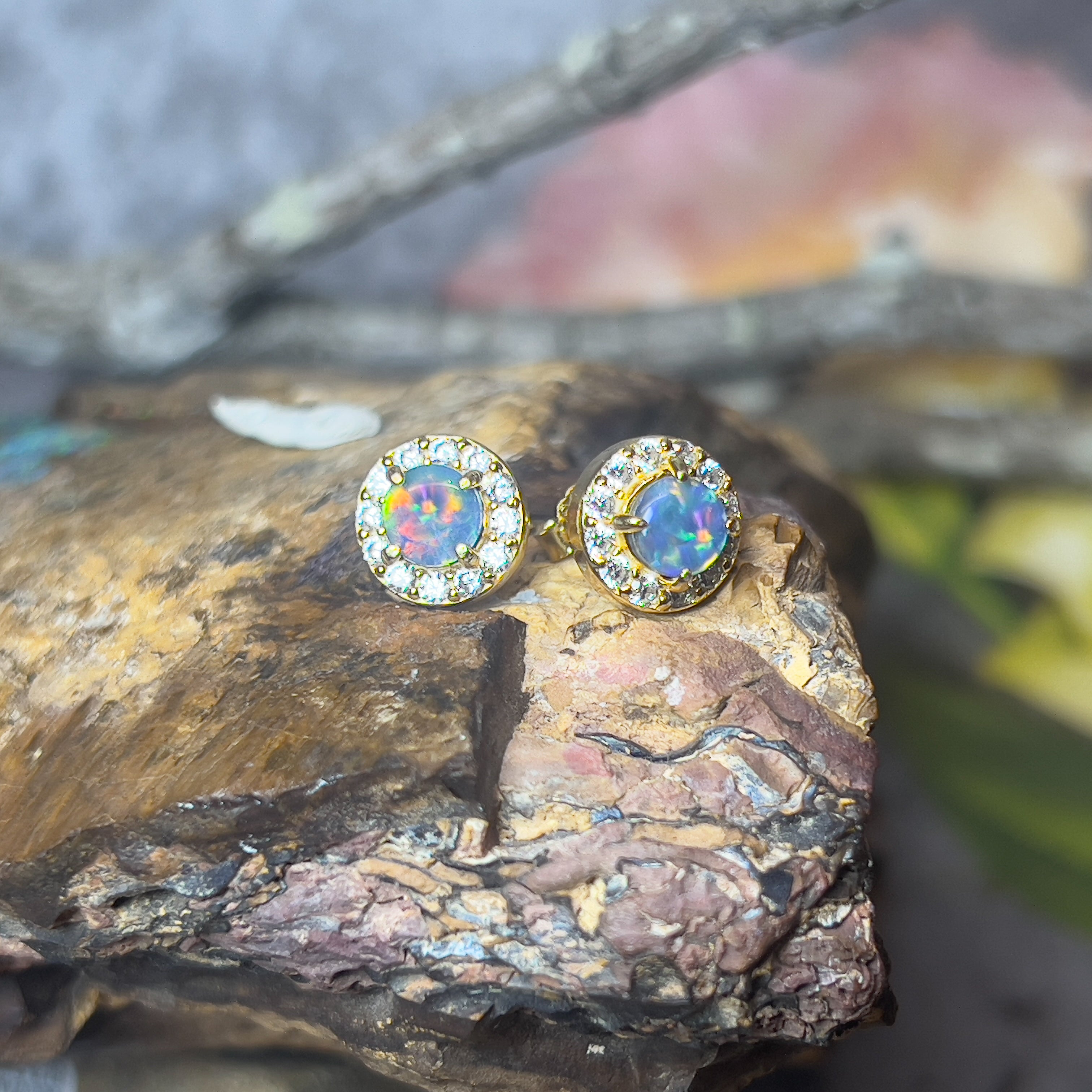 Gold Plated Sterling Silver 5mm Opal triplet halo earring studs - Masterpiece Jewellery Opal & Gems Sydney Australia | Online Shop
