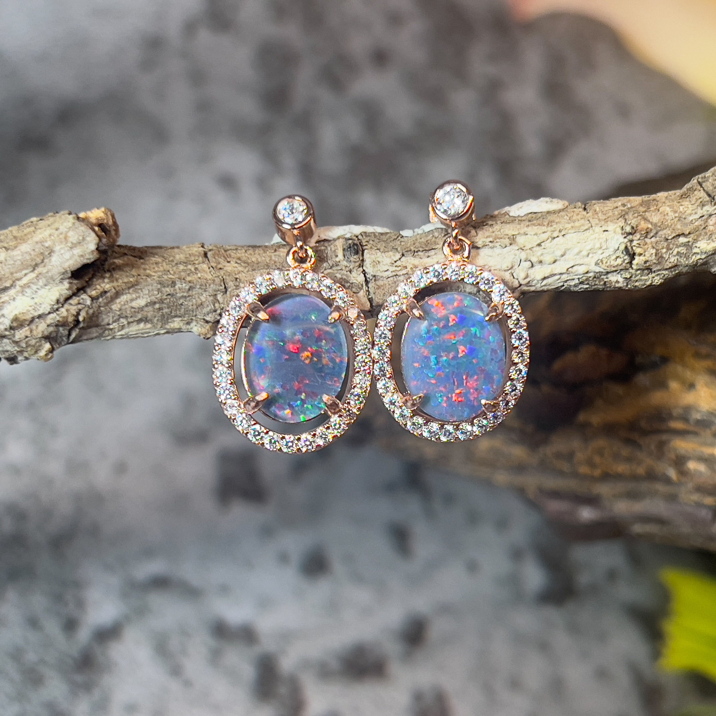 Rose Gold plated dangling halo 10x8mm triplet Opal earrings - Masterpiece Jewellery Opal & Gems Sydney Australia | Online Shop