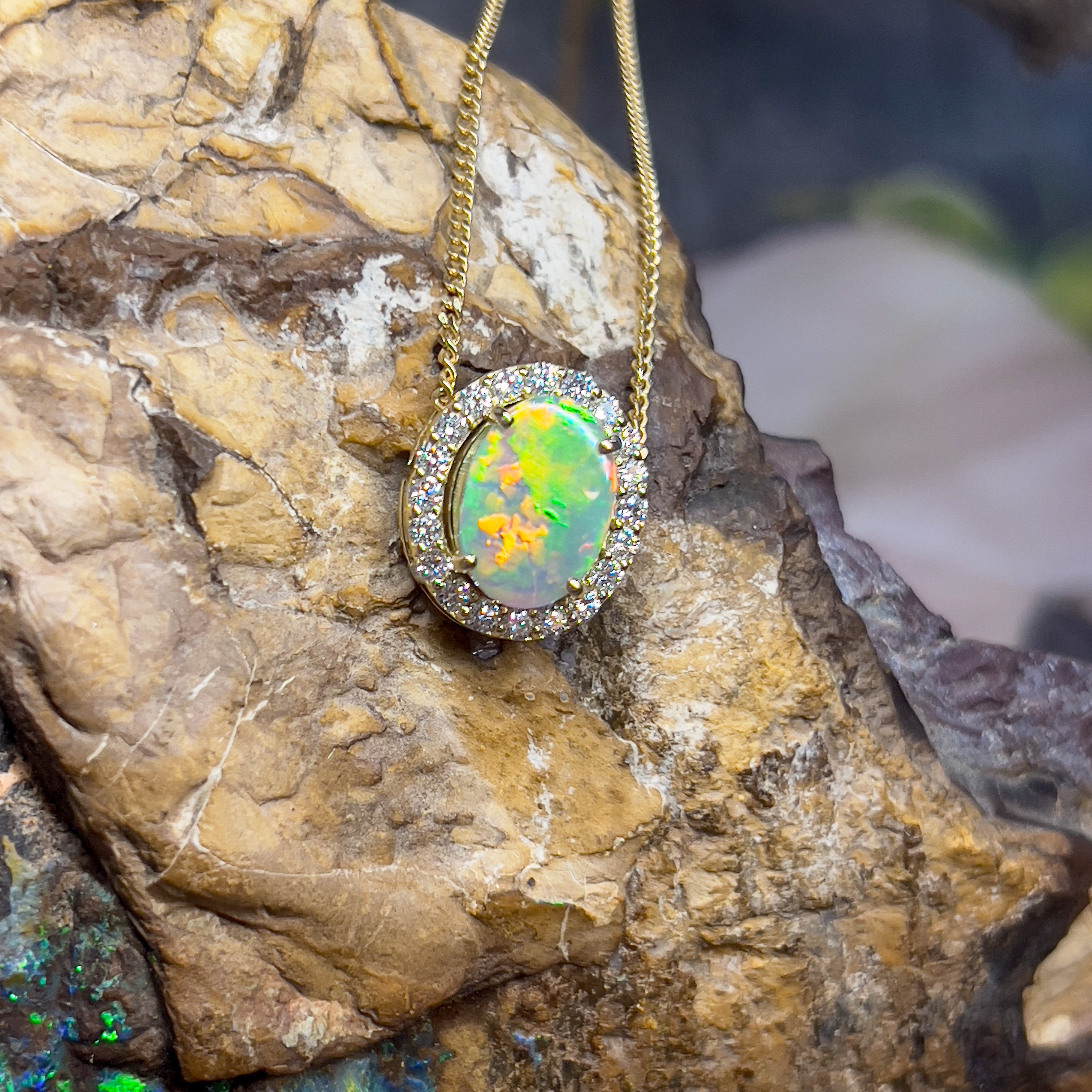 18kt Yellow Gold halo slider pendant with 2ct Opal and diamonds 0.43ct - Masterpiece Jewellery Opal & Gems Sydney Australia | Online Shop