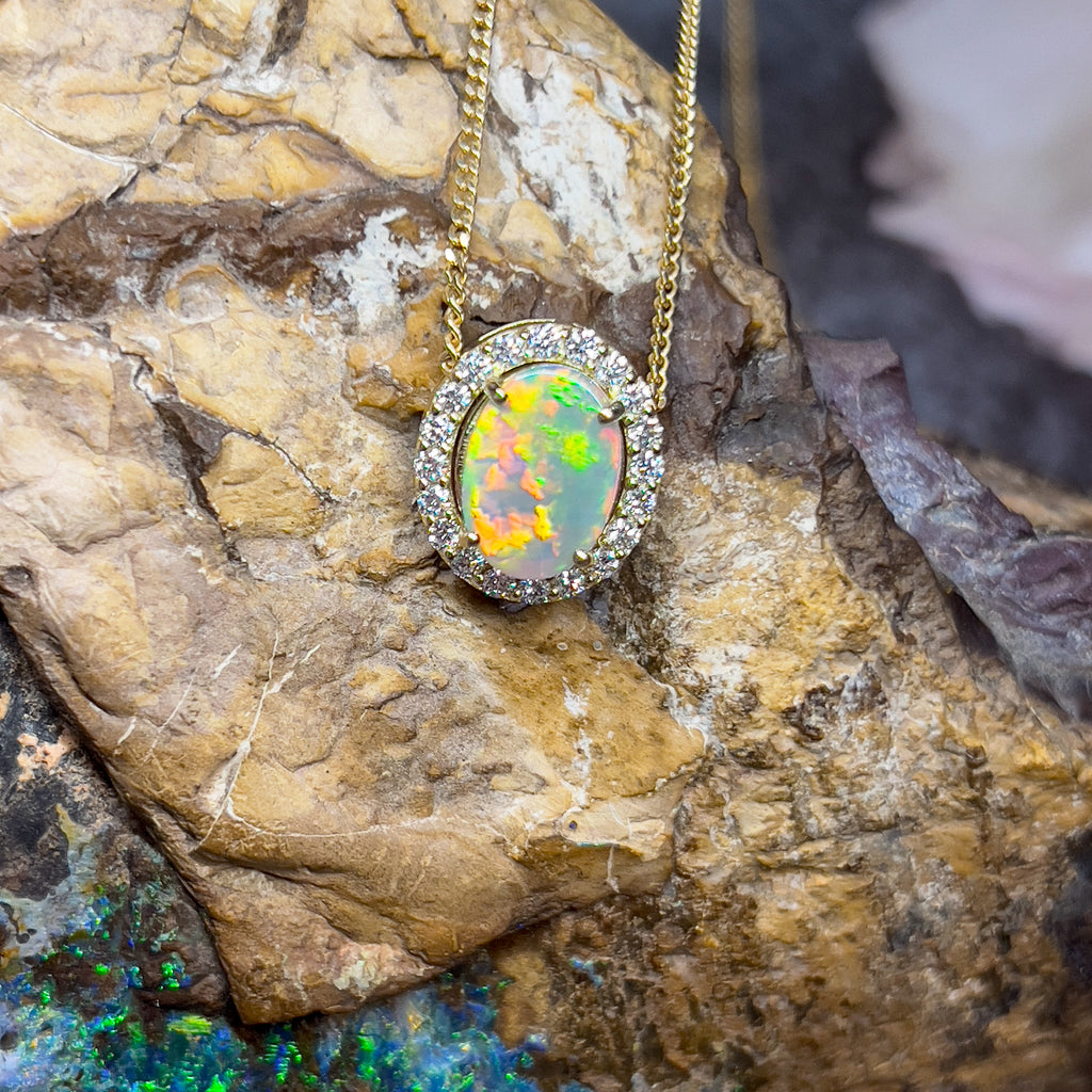 18kt Yellow Gold halo slider pendant with 2ct Opal and diamonds 0.43ct - Masterpiece Jewellery Opal & Gems Sydney Australia | Online Shop