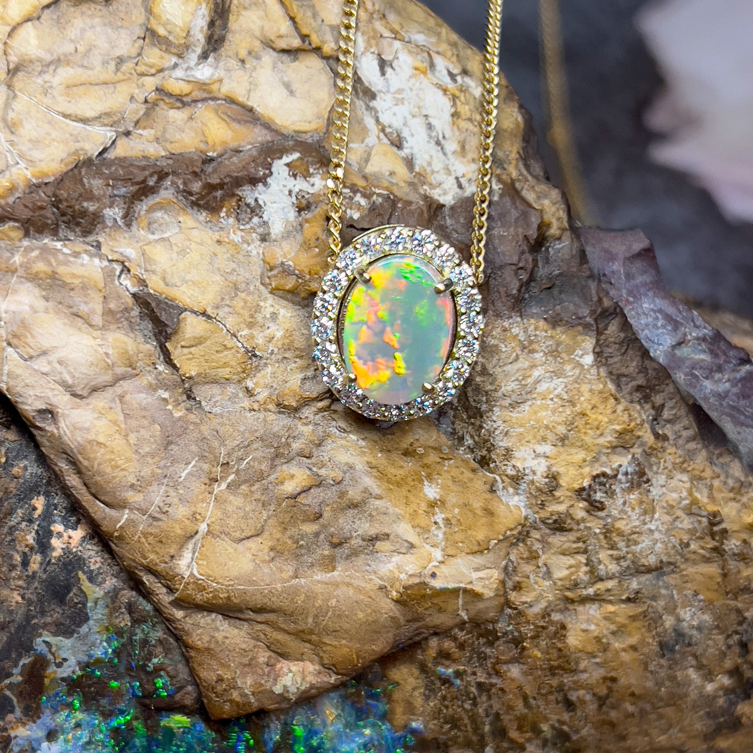 18kt Yellow Gold halo slider pendant with 2ct Opal and diamonds 0.43ct - Masterpiece Jewellery Opal & Gems Sydney Australia | Online Shop