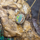 18kt Yellow Gold halo slider pendant with 2ct Opal and diamonds 0.43ct - Masterpiece Jewellery Opal & Gems Sydney Australia | Online Shop