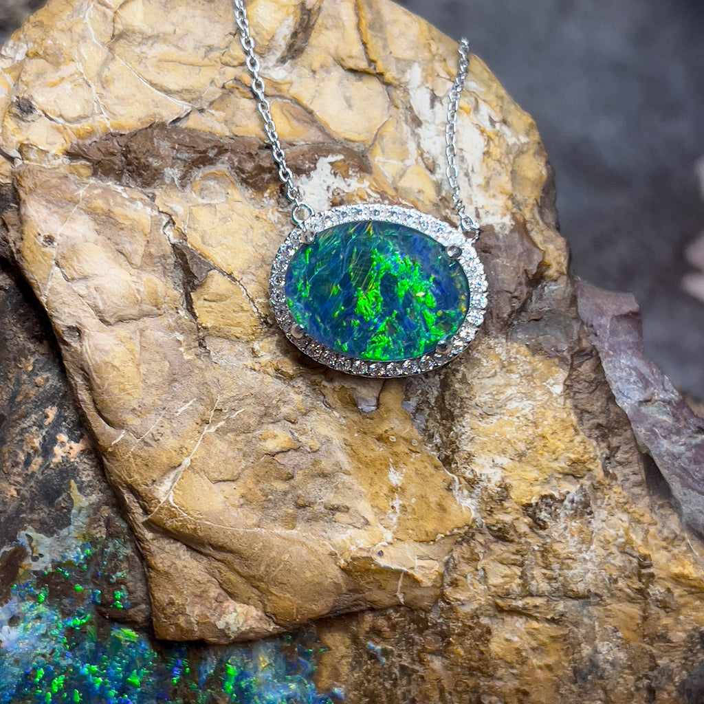 Sterling Silver 16x12mm Opal triplet cluster necklace 45cm - Masterpiece Jewellery Opal & Gems Sydney Australia | Online Shop