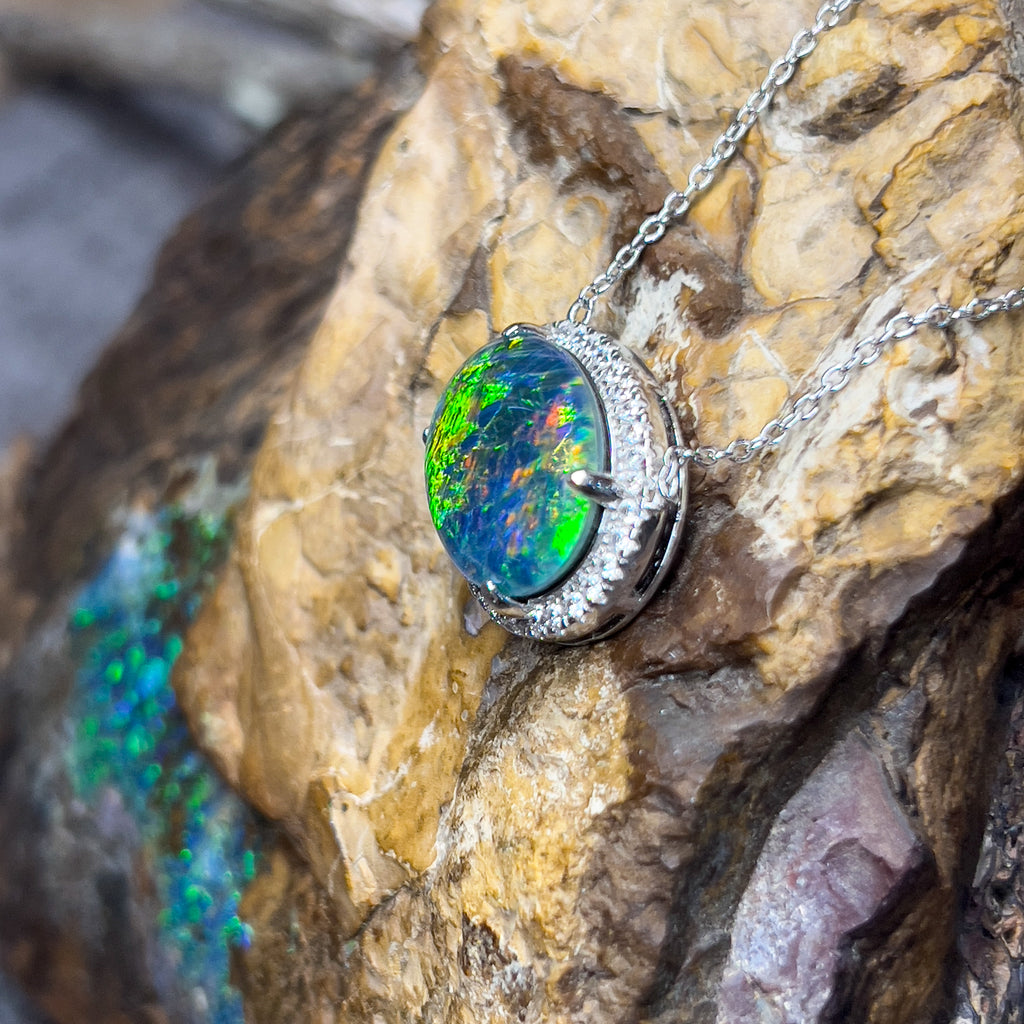 Sterling Silver 16x12mm Opal triplet cluster necklace 45cm - Masterpiece Jewellery Opal & Gems Sydney Australia | Online Shop