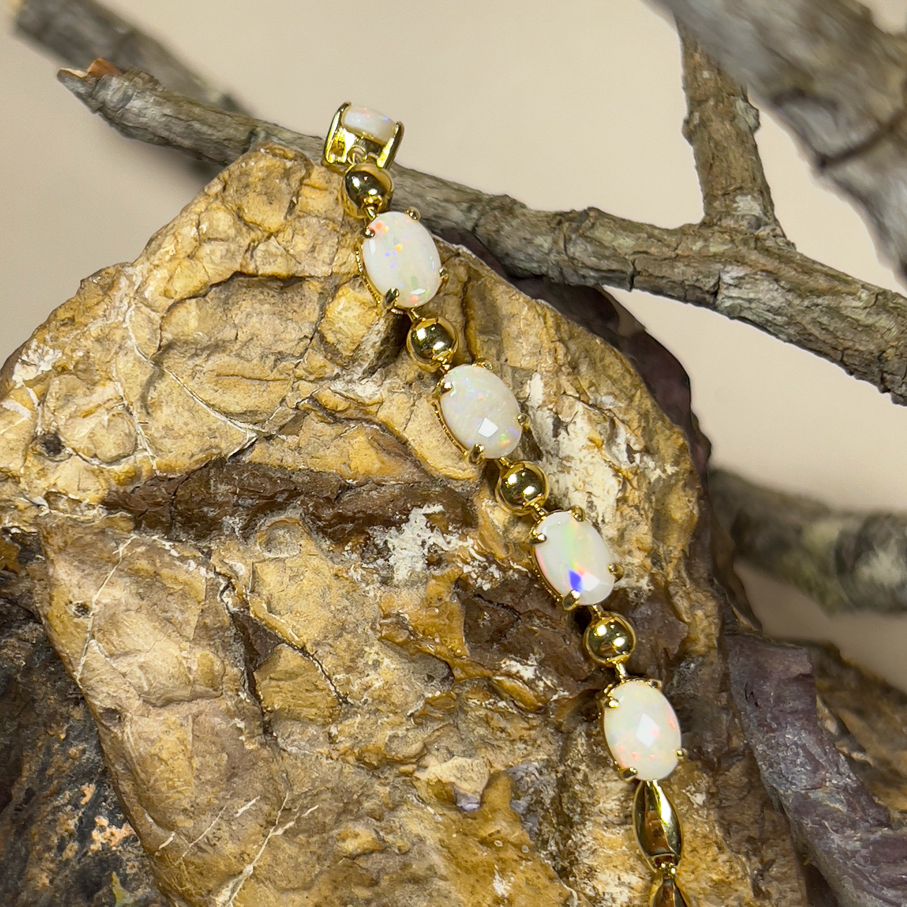 Gold plated Sterling Silver 7x5mm White Opal and ball alternating bracelet - Masterpiece Jewellery Opal & Gems Sydney Australia | Online Shop