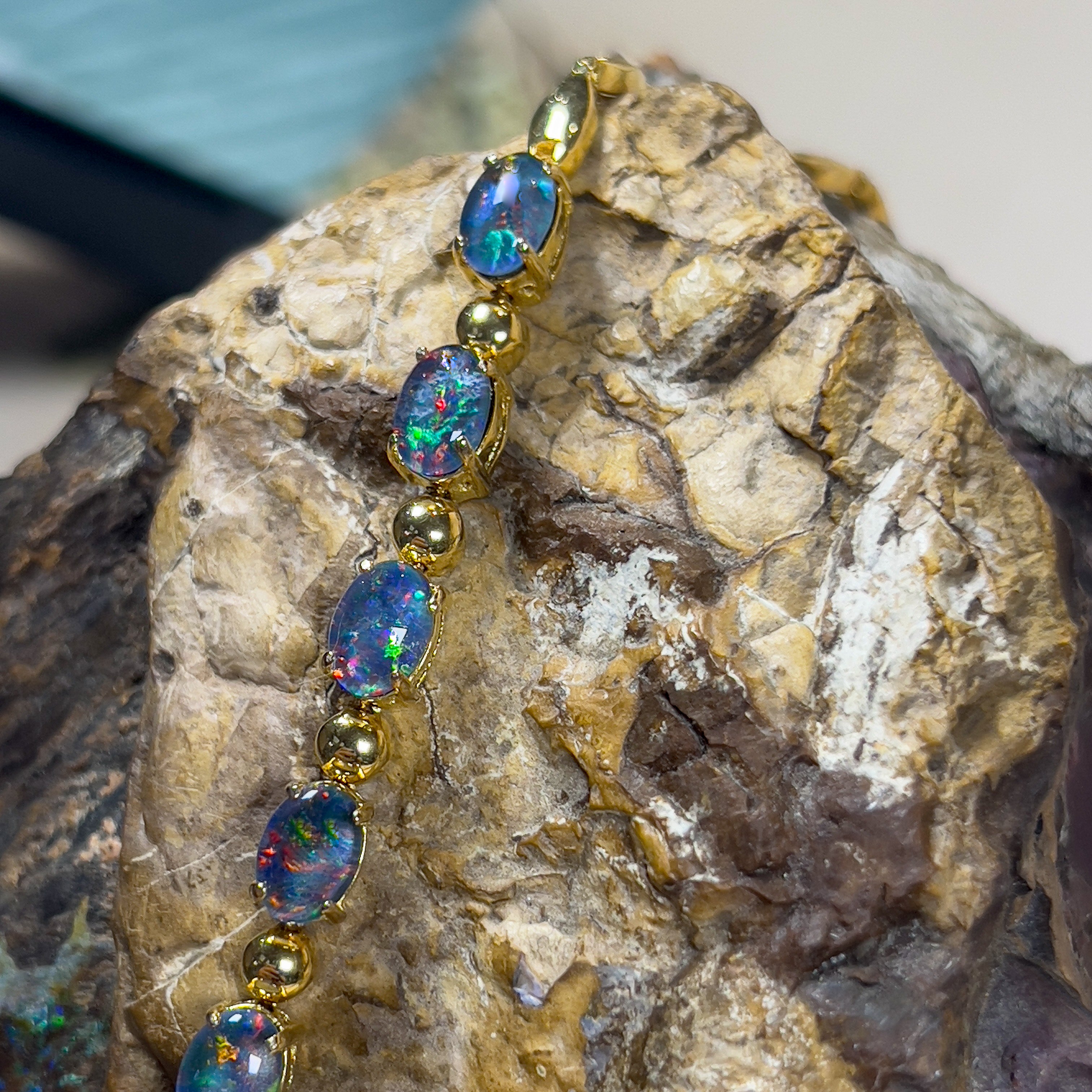 Gold Plated Silver 7x5mm Opal triplet and ball bracelet design - Masterpiece Jewellery Opal & Gems Sydney Australia | Online Shop