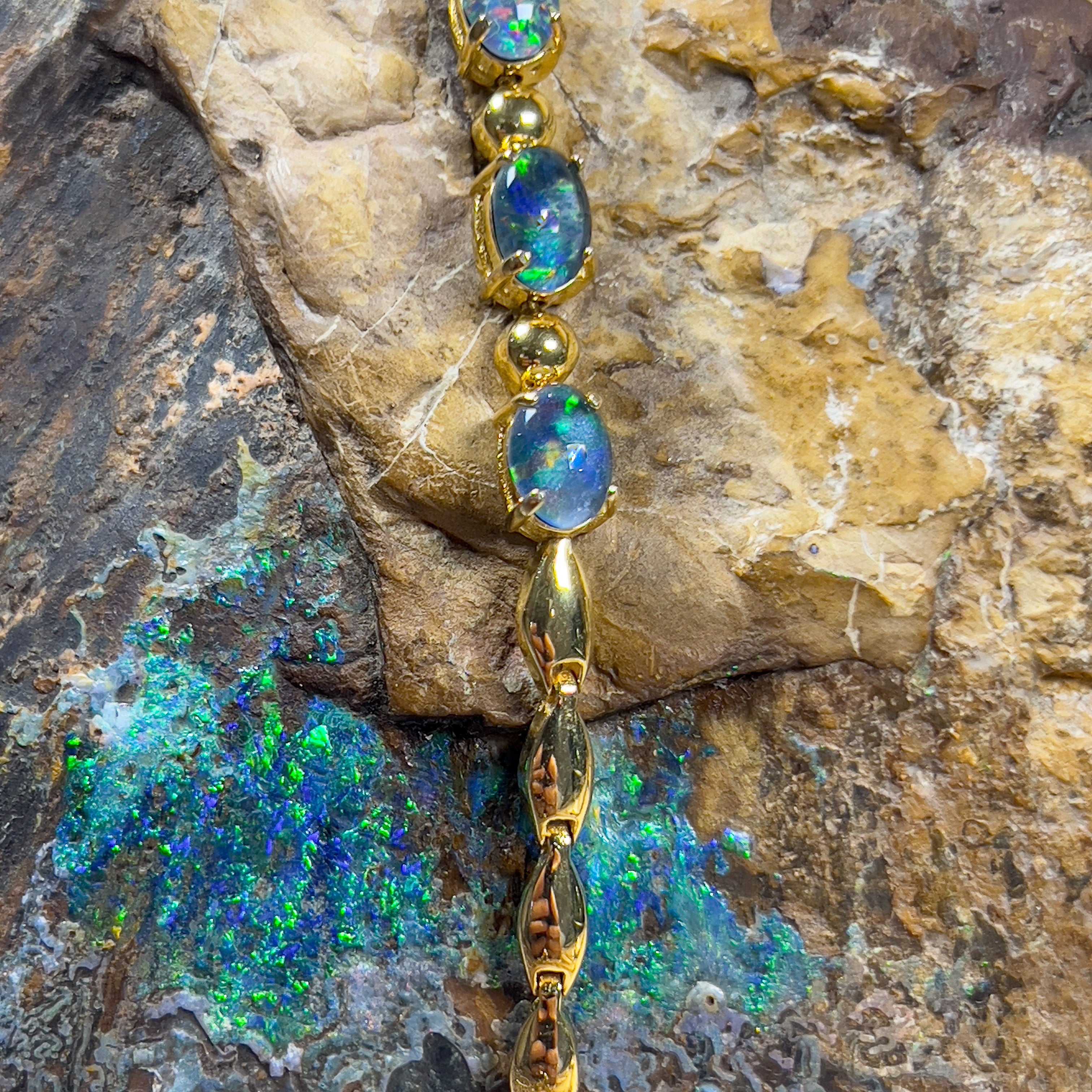 Gold Plated Silver 7x5mm Opal triplet and ball bracelet design - Masterpiece Jewellery Opal & Gems Sydney Australia | Online Shop