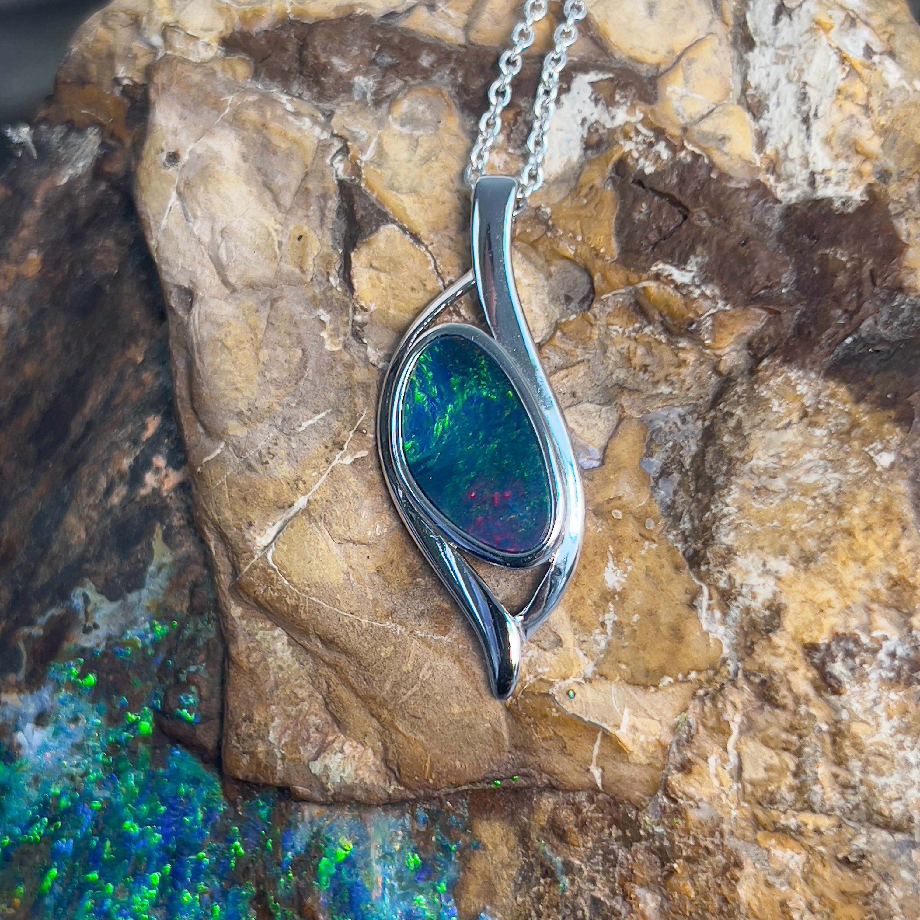 Sterling Silver Opal doublet Blue Green 30x11mm pendant - Masterpiece Jewellery Opal & Gems Sydney Australia | Online Shop