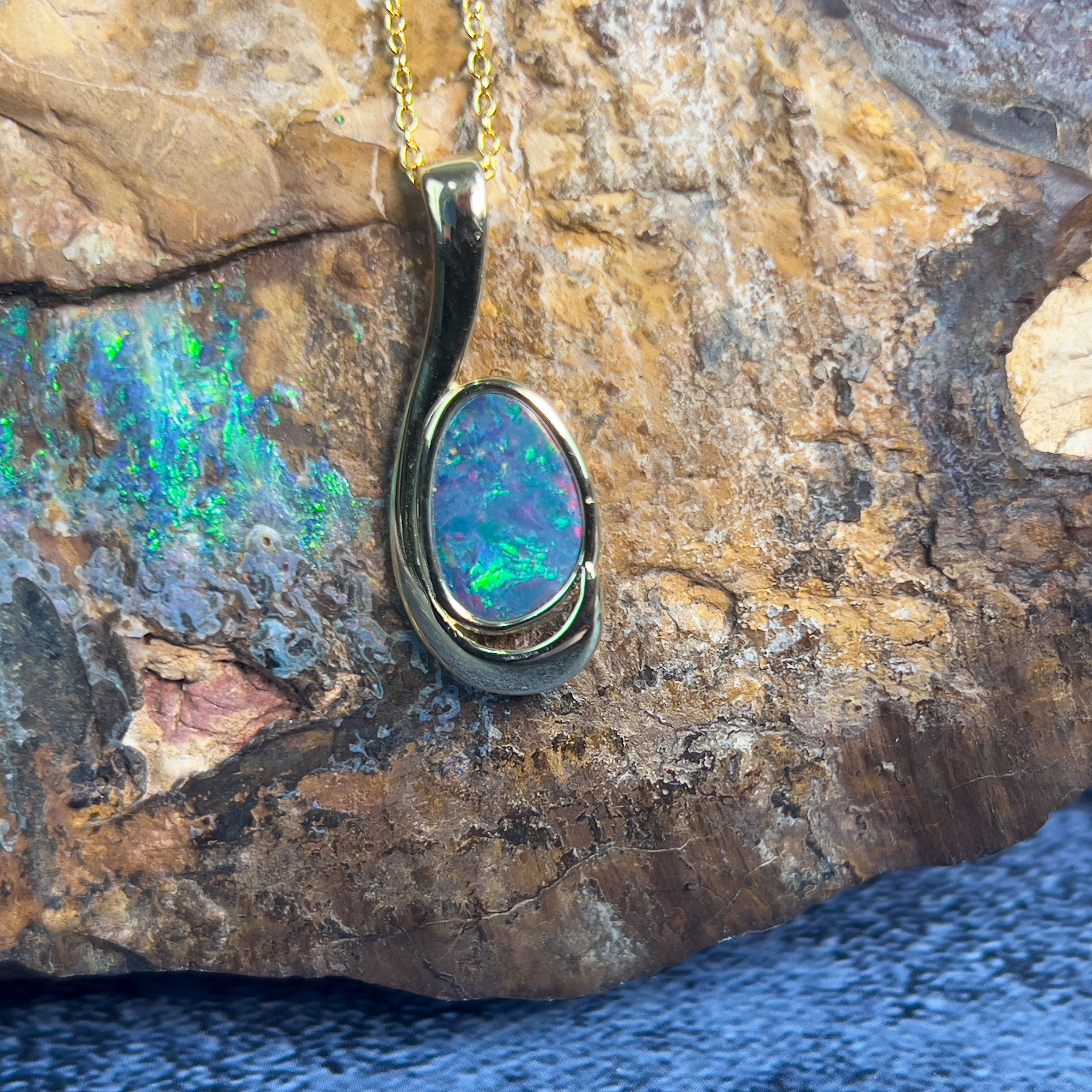 Gold Plated swirl Opal doublet 27.7x11mm pendant - Masterpiece Jewellery Opal & Gems Sydney Australia | Online Shop