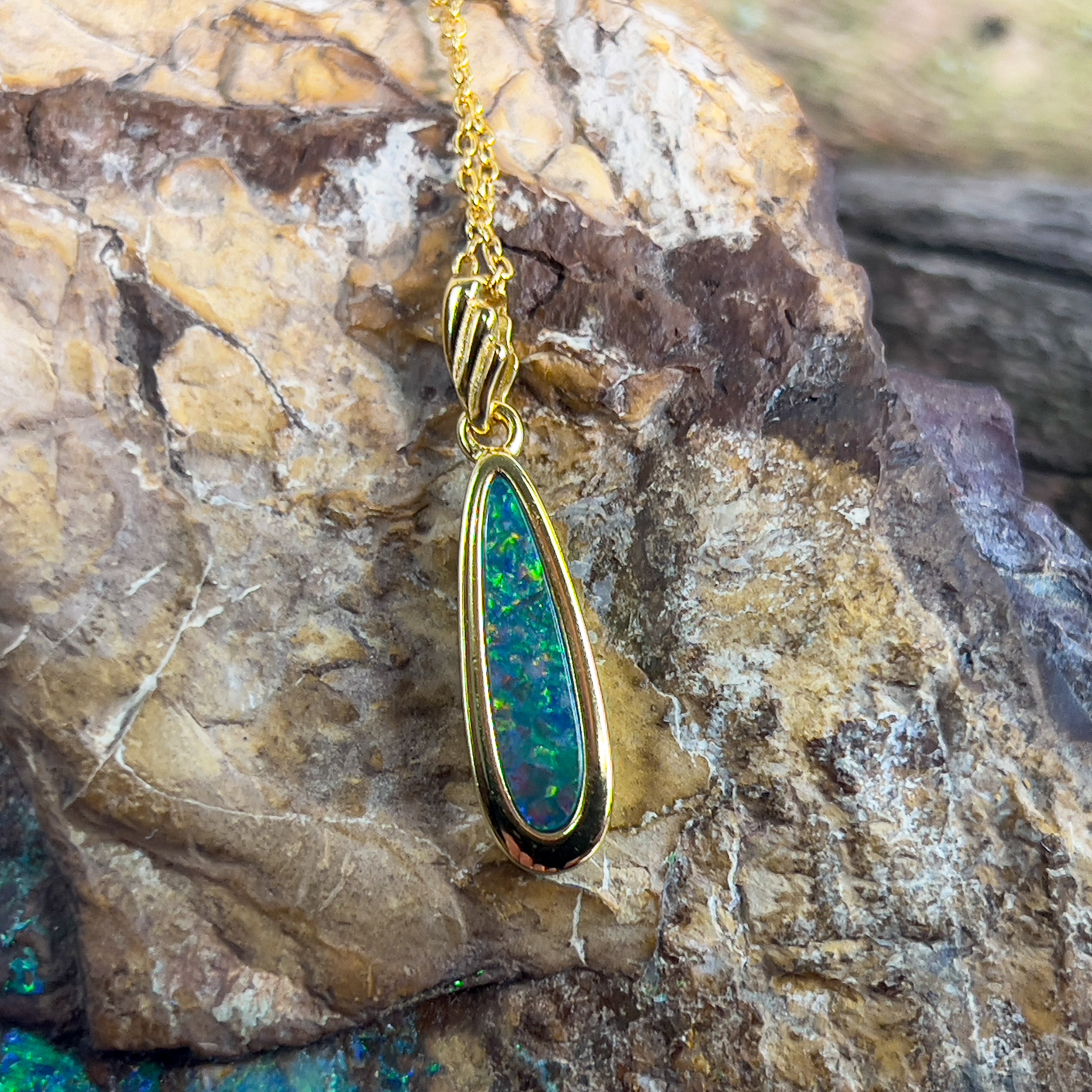 Yellow Gold plated silver opal doublet 27x6.2mm pendant - Masterpiece Jewellery Opal & Gems Sydney Australia | Online Shop