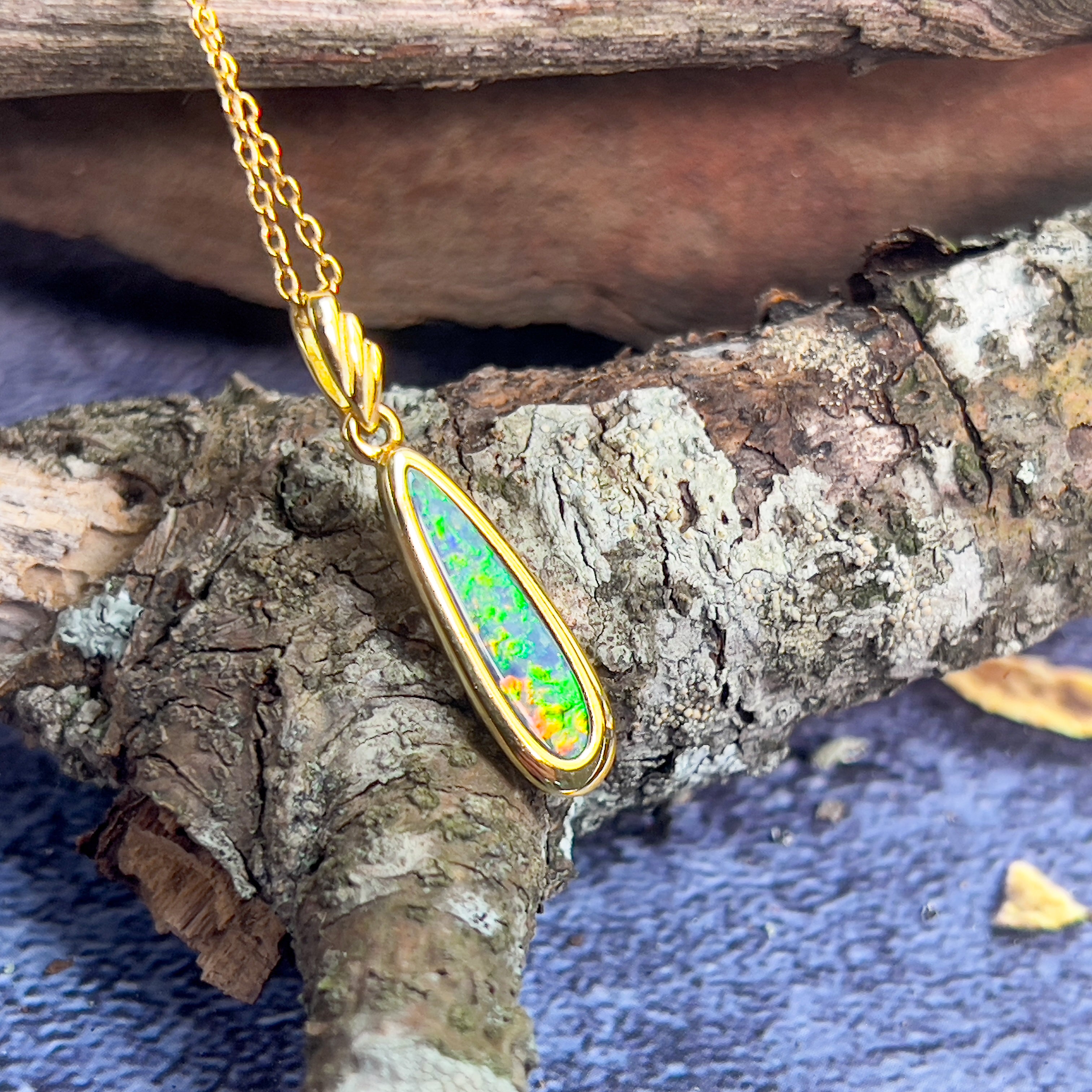 Yellow Gold plated silver opal doublet 27x6.2mm pendant - Masterpiece Jewellery Opal & Gems Sydney Australia | Online Shop