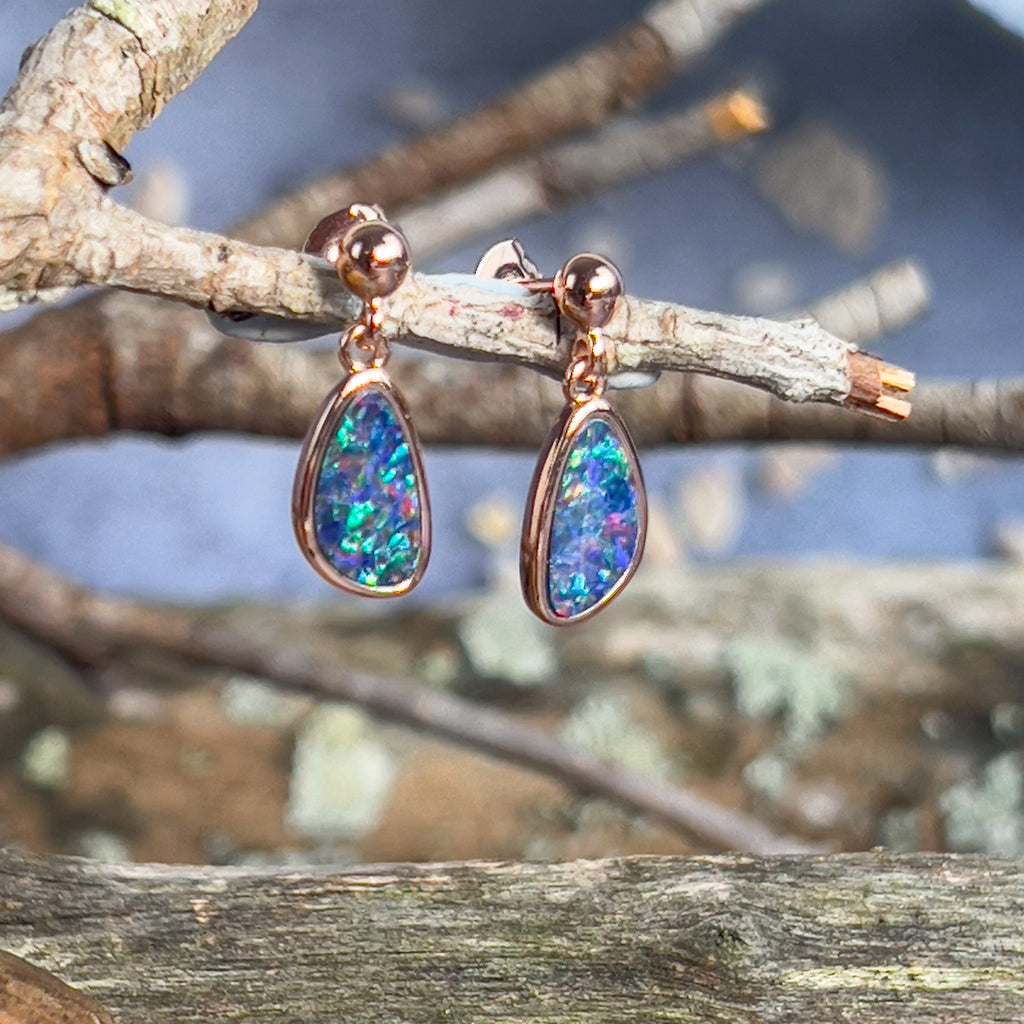 Rose Gold plated Sterling Silver dangling freeform Opal doublet earrings - Masterpiece Jewellery Opal & Gems Sydney Australia | Online Shop