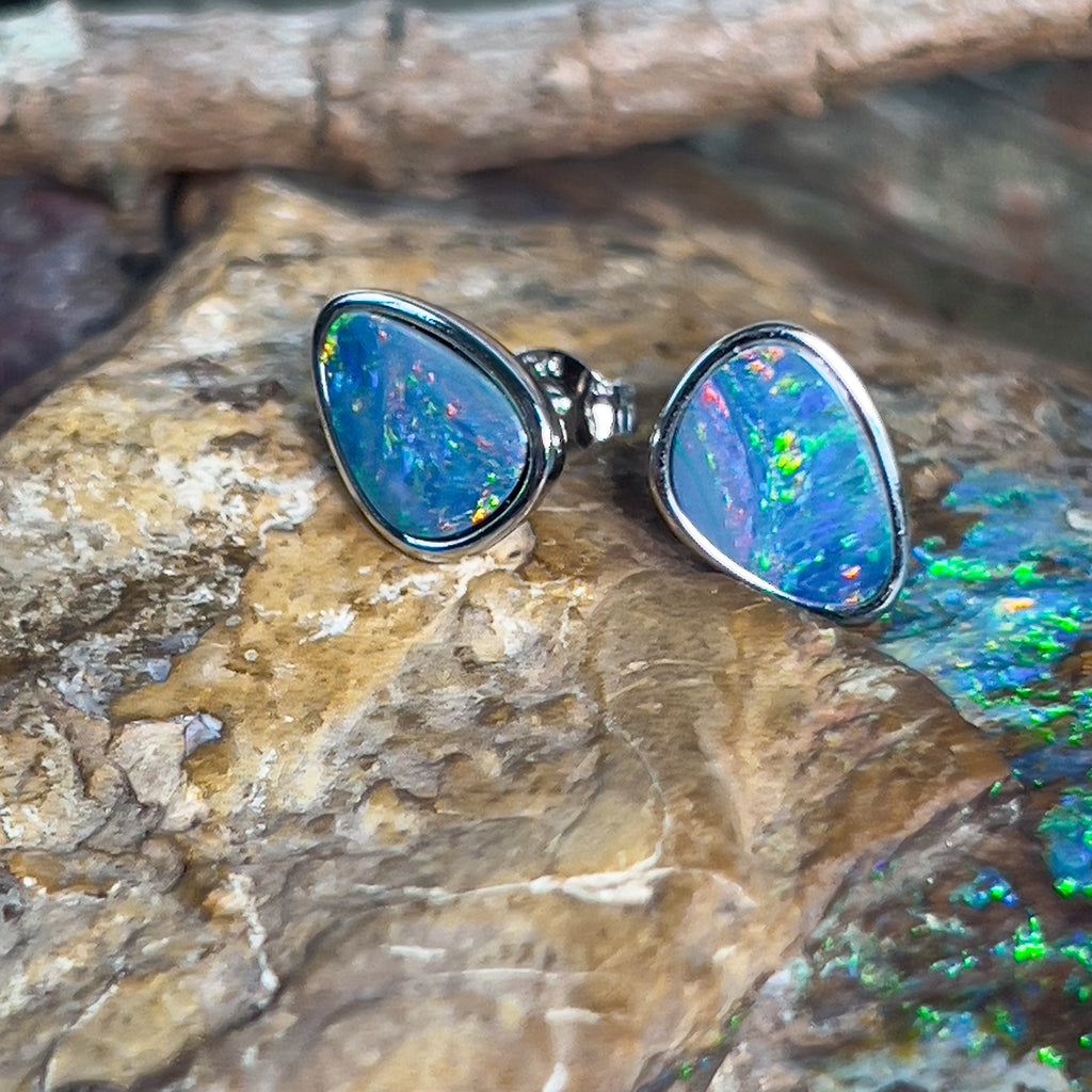 Sterling Silver pair of opal doublet studs freeform shape - Masterpiece Jewellery Opal & Gems Sydney Australia | Online Shop