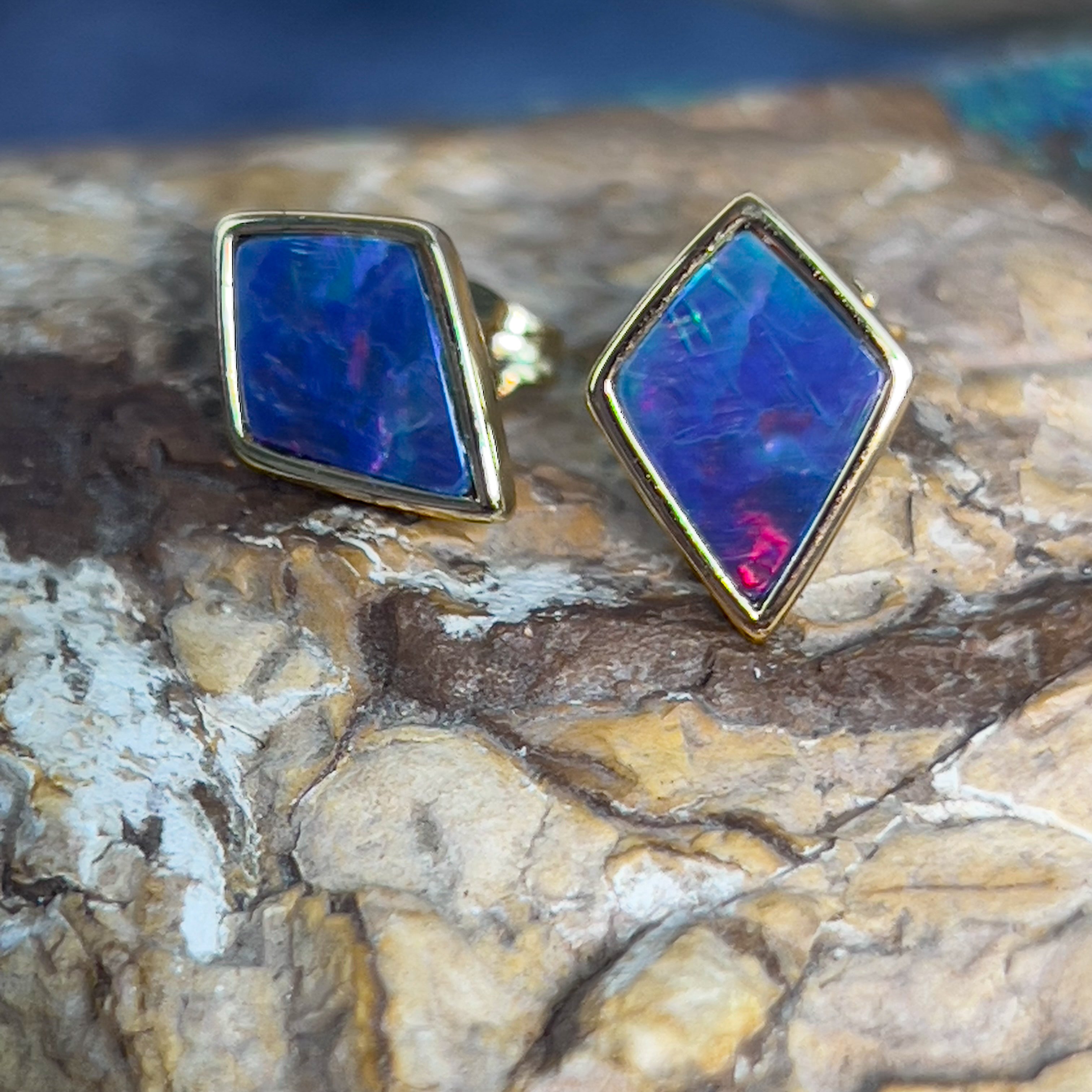 Gold plated silver diamond shape Opal doublet earring studs - Masterpiece Jewellery Opal & Gems Sydney Australia | Online Shop