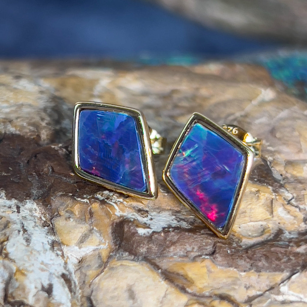 Gold plated silver diamond shape Opal doublet earring studs - Masterpiece Jewellery Opal & Gems Sydney Australia | Online Shop