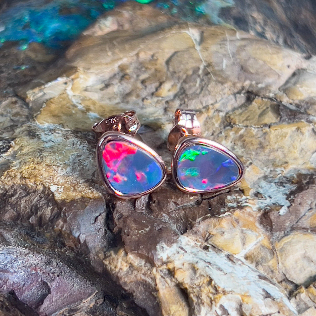 Rose Gold plated silver Red Opal doublet studs - Masterpiece Jewellery Opal & Gems Sydney Australia | Online Shop