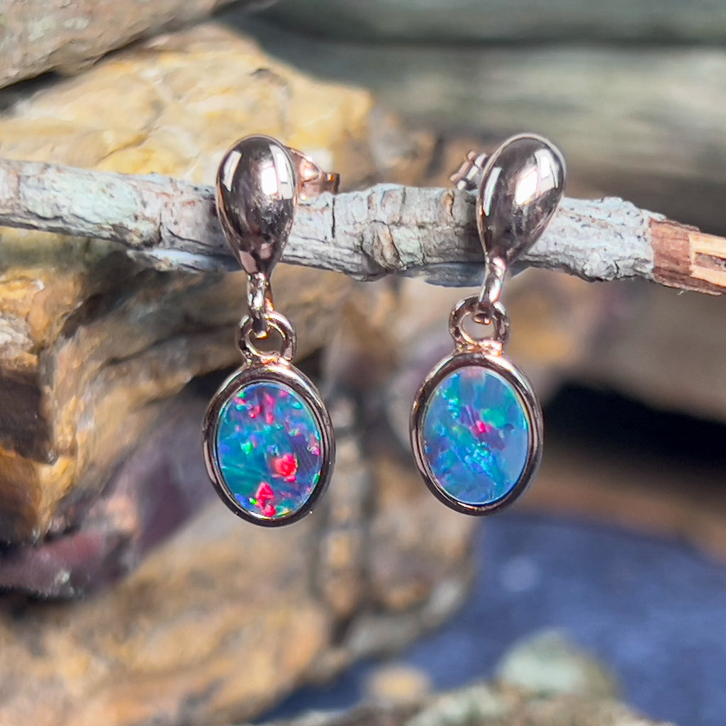 Rose Gold plated silver short drop Opal doublet earrings - Masterpiece Jewellery Opal & Gems Sydney Australia | Online Shop