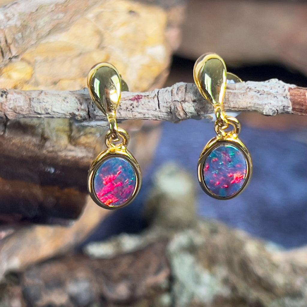 One pair of Yellow Gold dangling opal doublet earrings - Masterpiece Jewellery Opal & Gems Sydney Australia | Online Shop