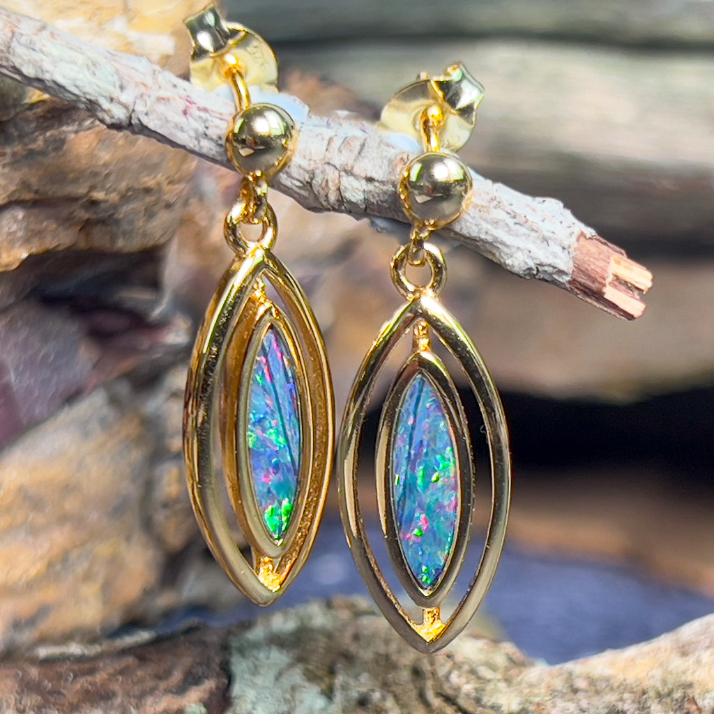 Gold plated Silver dangling marquise shape Opal doublet earrings - Masterpiece Jewellery Opal & Gems Sydney Australia | Online Shop